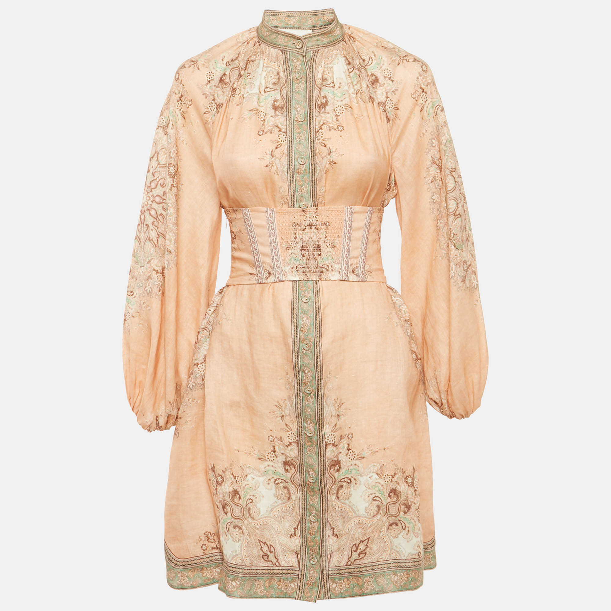 Zimmermann Light Orange Printed Button Front Belted Mini Dress S
