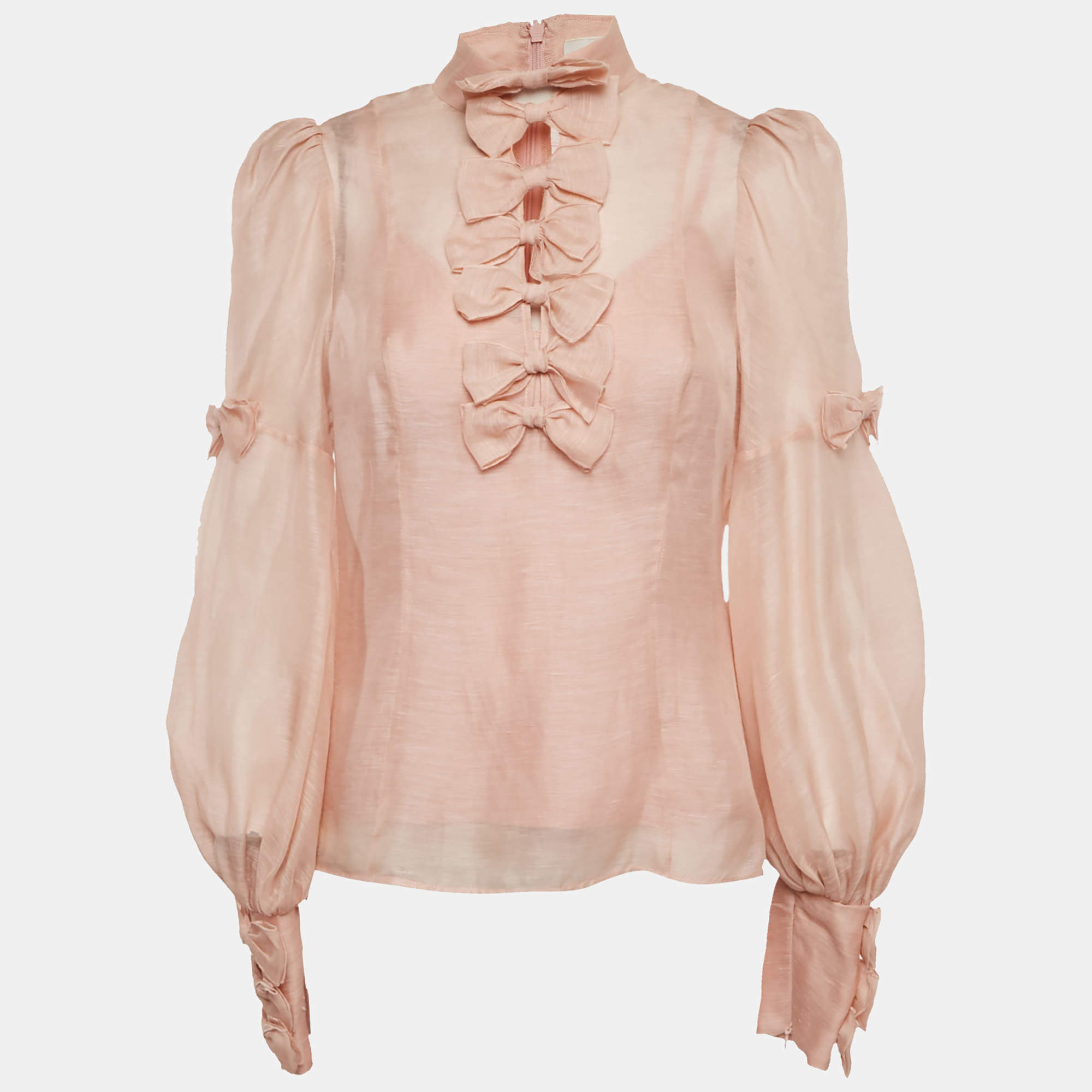 Pre Owned Zimmermann Pink Linen Blend Bow Detail Blouse M