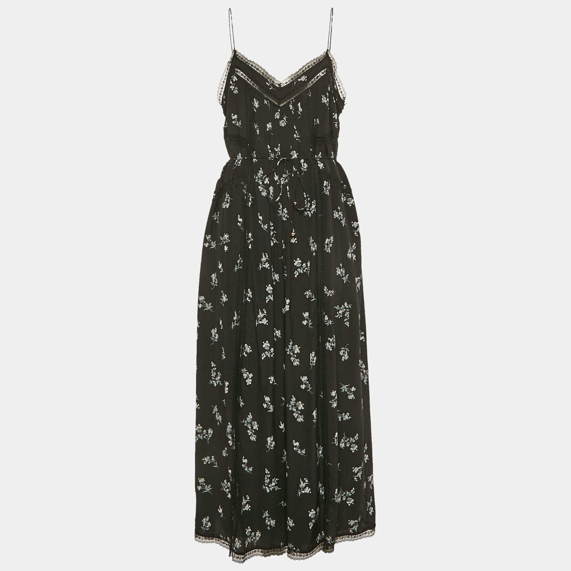 Pre Owned Zimmermann Black Floral Print Silk Lace Trim Jumpsuit M