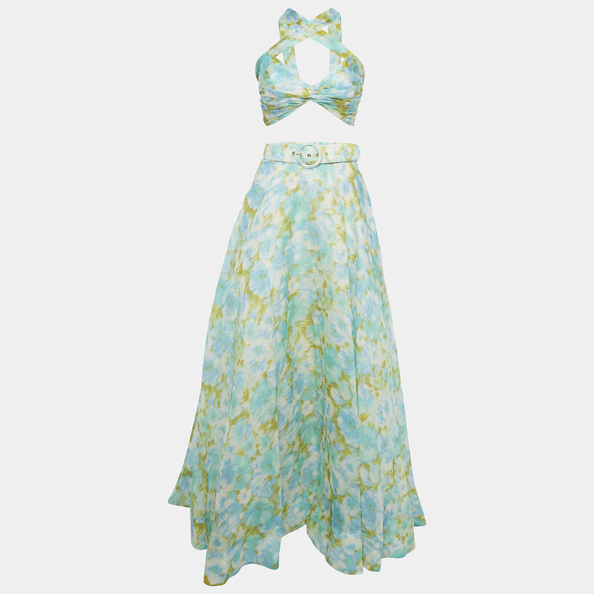 Pre Owned Zimmerman Green Ikat Print Silk Blend High Tied Top & Skirt Set M