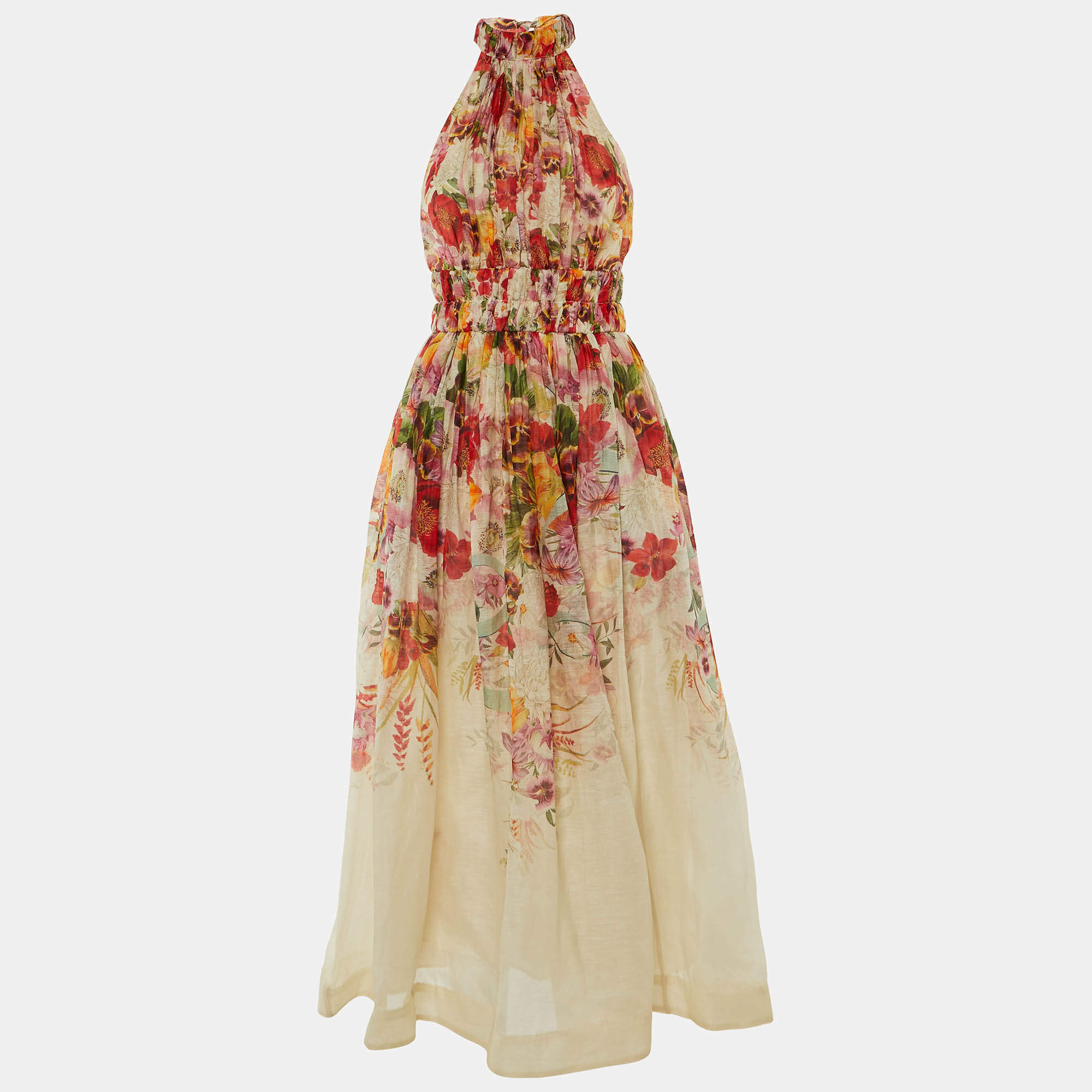 Pre Owned Zimmermann Cream Linen & Silk Wonderland Halter Midi Dress S