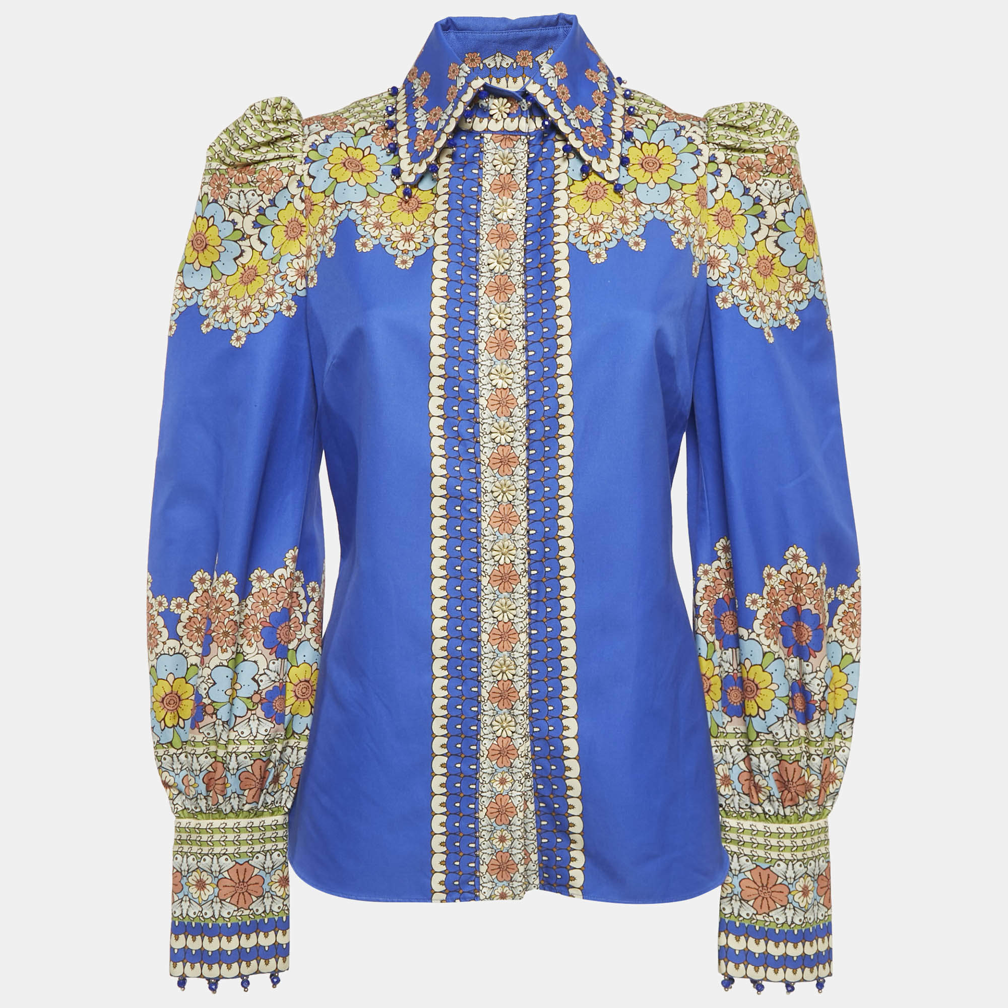 Pre Owned Zimmermann Blue Floral Print Cotton Embellished Shirt M