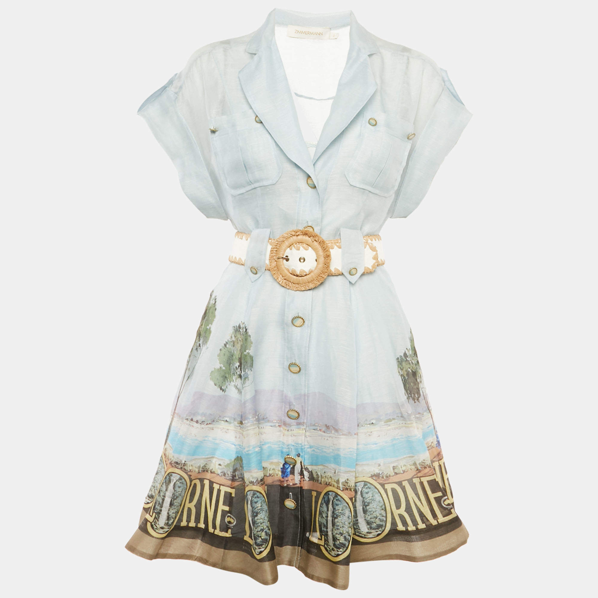 مملوكة مسبقًا Zimmermann Blue Printed Silk and Linen Button Front Belted Mini Dress S