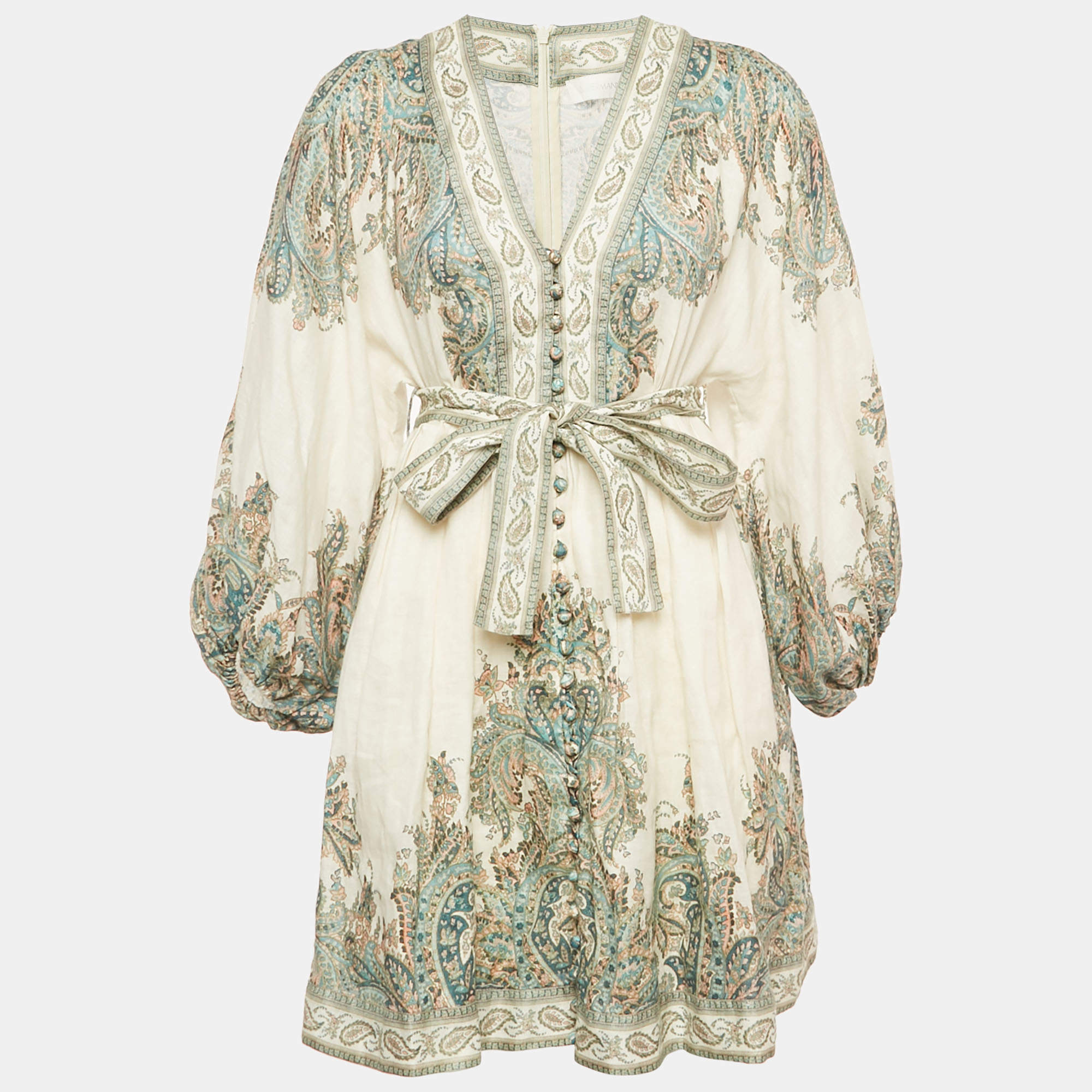 Pre Owned Zimmermann White Printed Linen Belted Mini Dress M