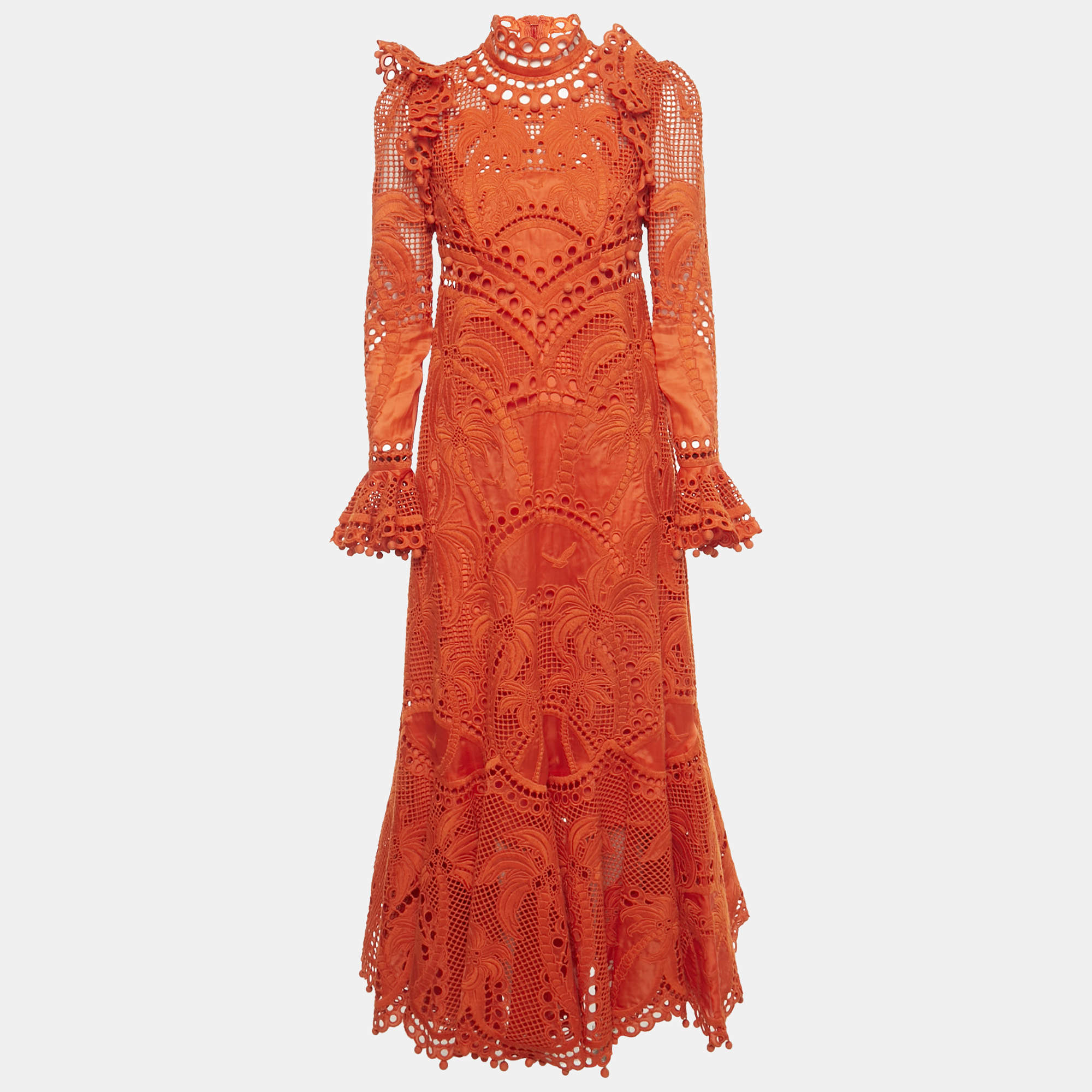 Pre Owned Zimmermann Orange Broderie Anglaise Silk Brightside Palm Gown M