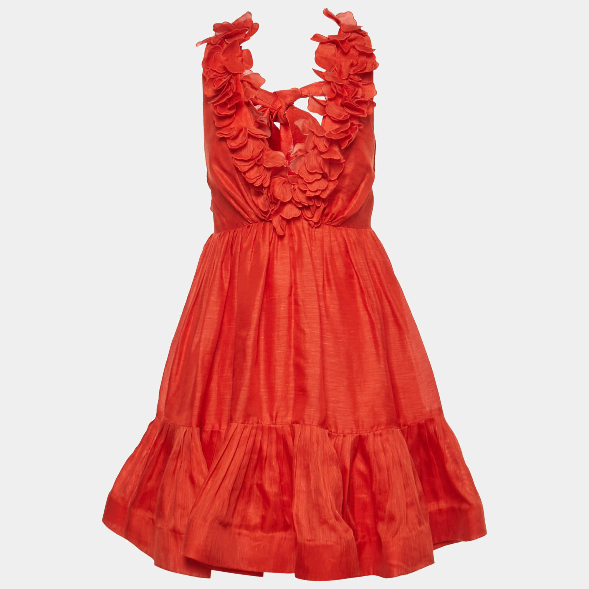 Pre Owned فسـتان زيمرمان أحمر من الكتان والحرير بفتحة عنق عميقة مزين بأكاليل قصيرة مقاس وسط (ميديوم)