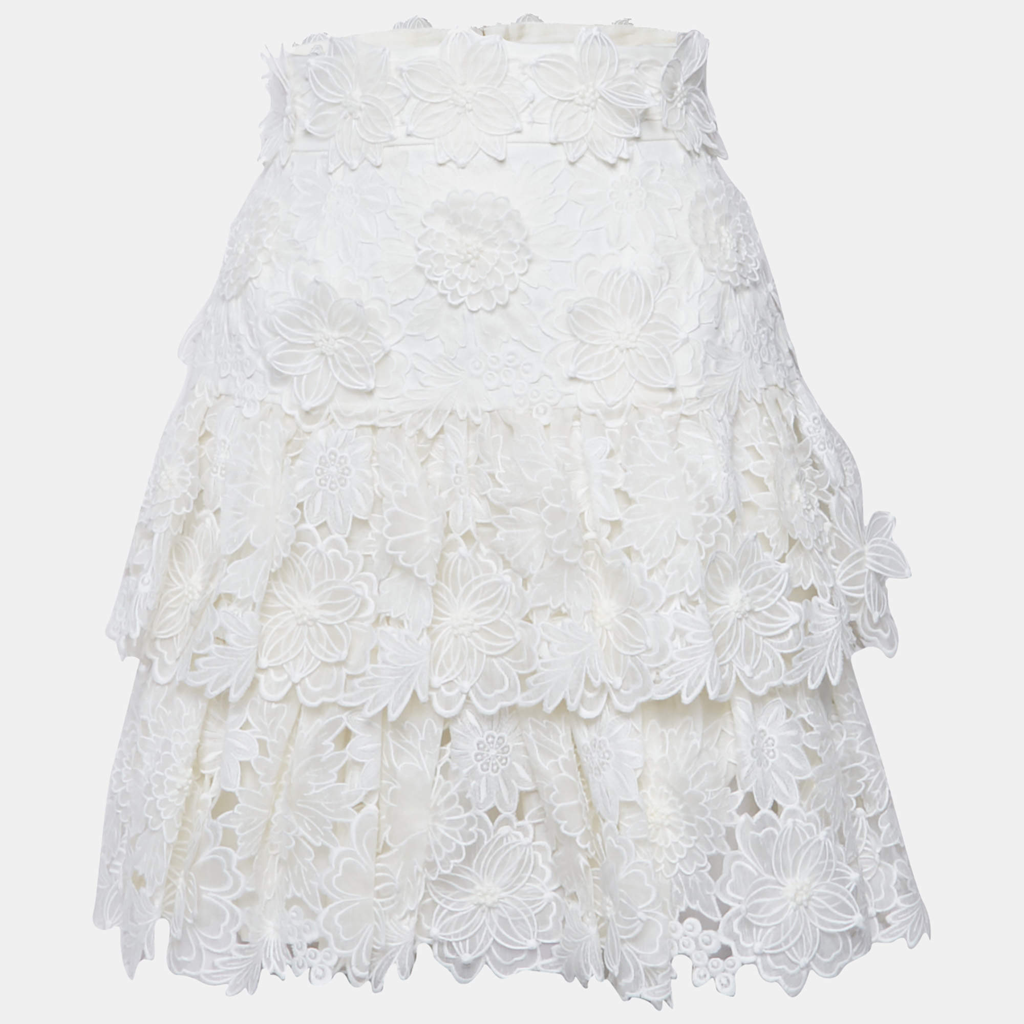 Pre Owned Zimmermann White Floral Applique Linen Tiered Mini Skirt S