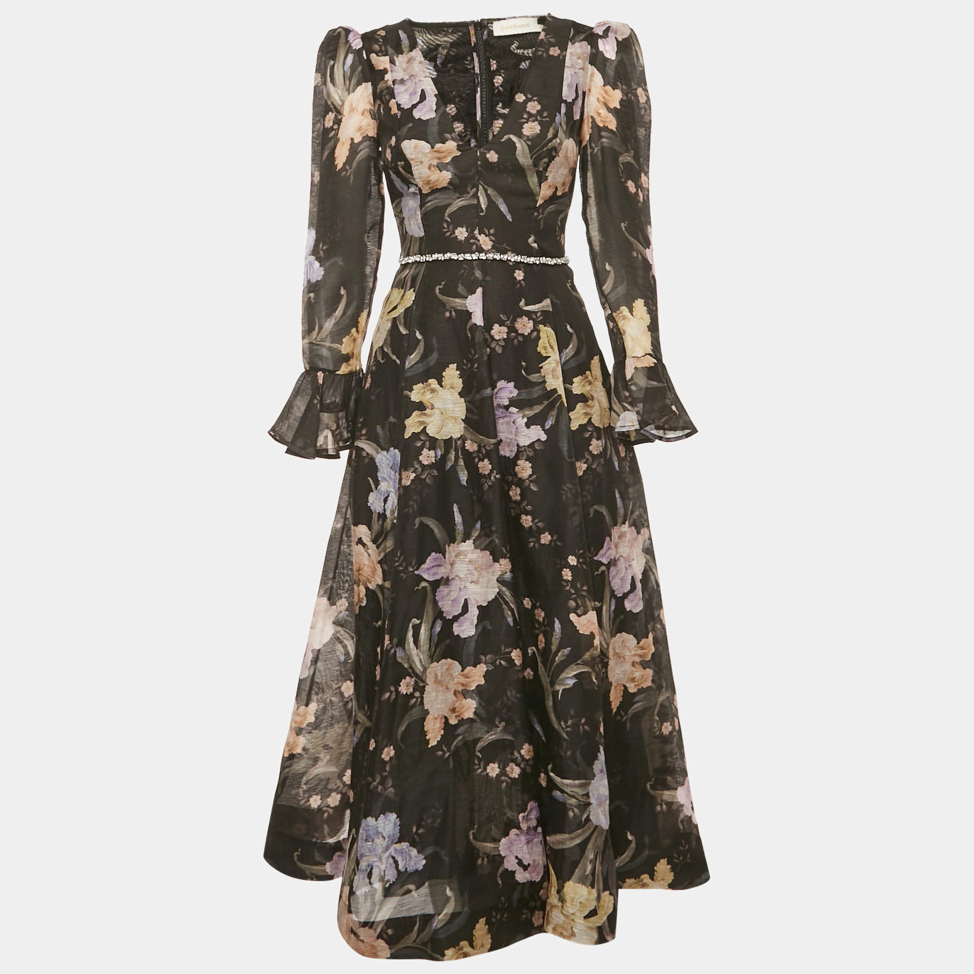 Pre Owned Zimmermann Black Floral Print Silk Blend Eden Midi Dress M