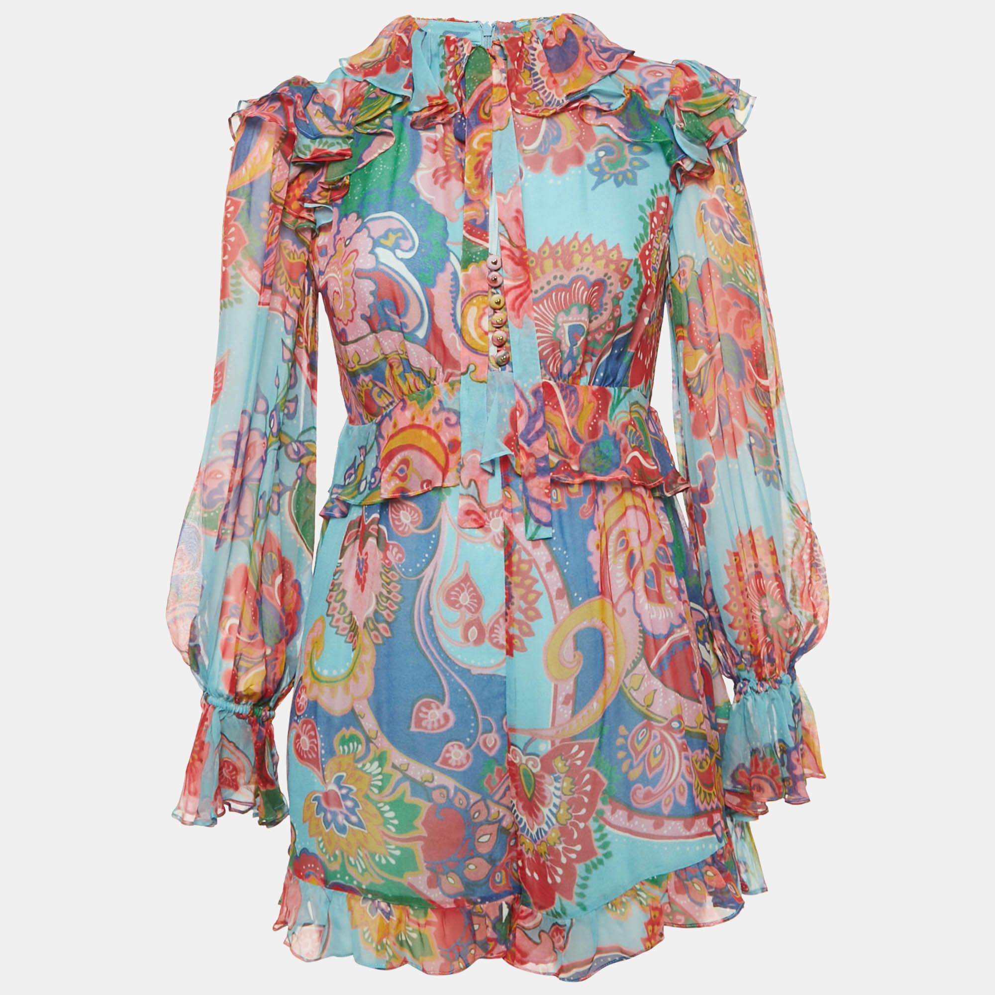 Pre Owned Zimmermann Blue Printed Silk Ruffled Playsuit M