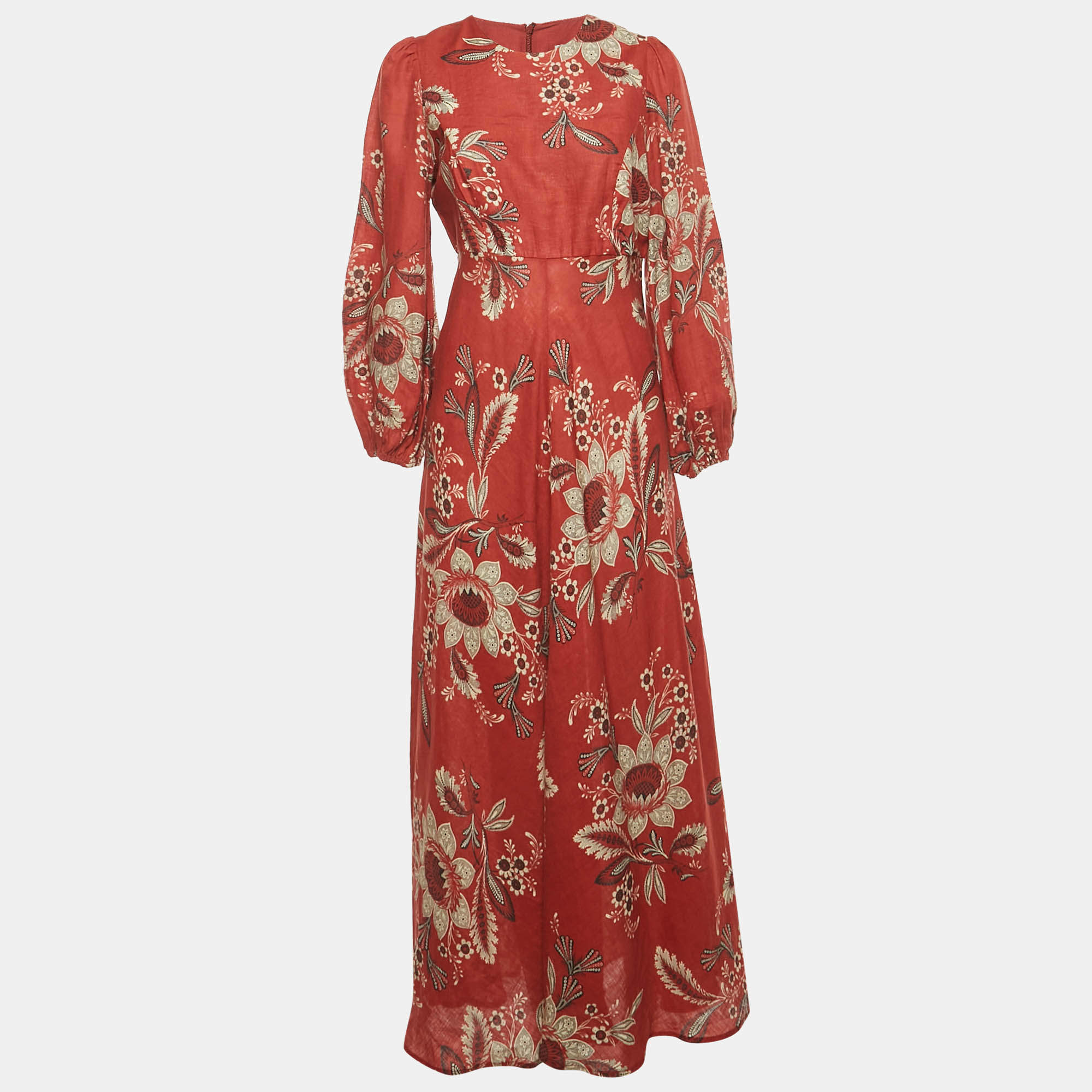 Pre Owned Zimmermann Dark Red Printed Linen Long Sleeve Maxi Dress M