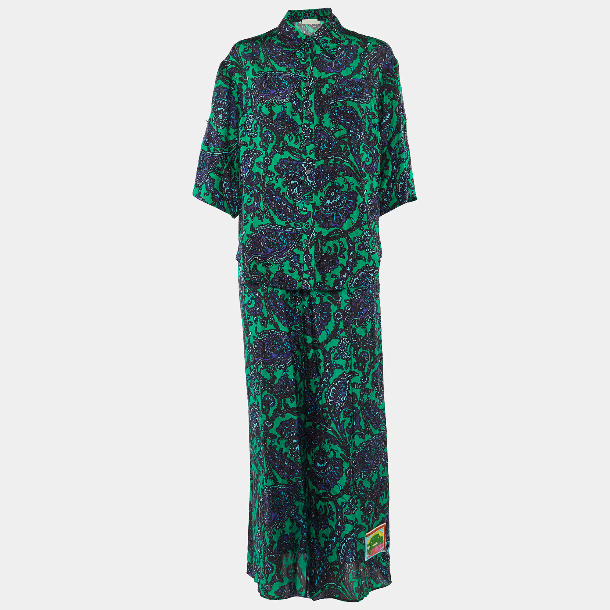Pre Owned Zimmermann Green Paisley Print Silk Tiggy Shirt & Pants Set M