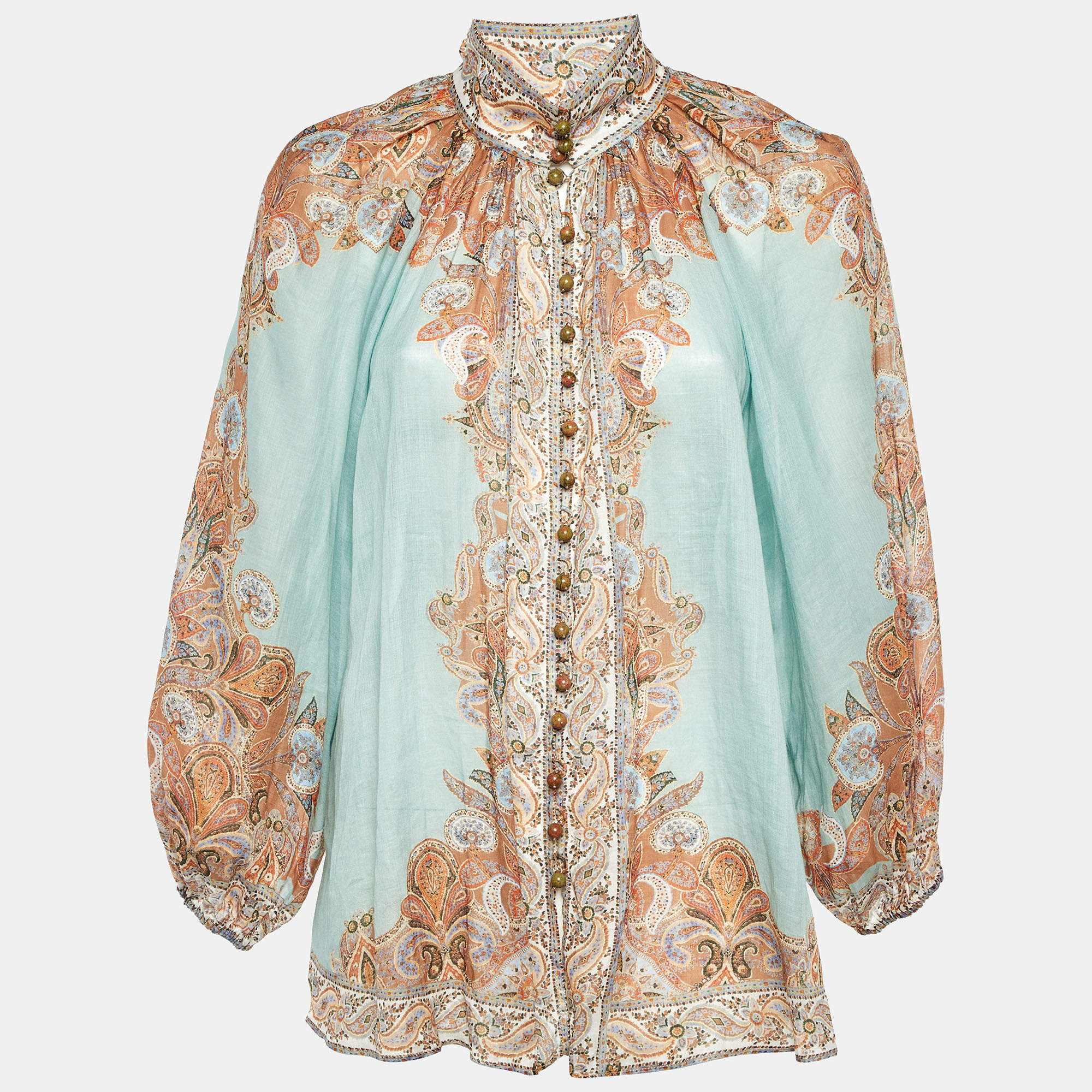 Pre Owned Zimmermann Light Blue Printed Ramie Button Front Top L