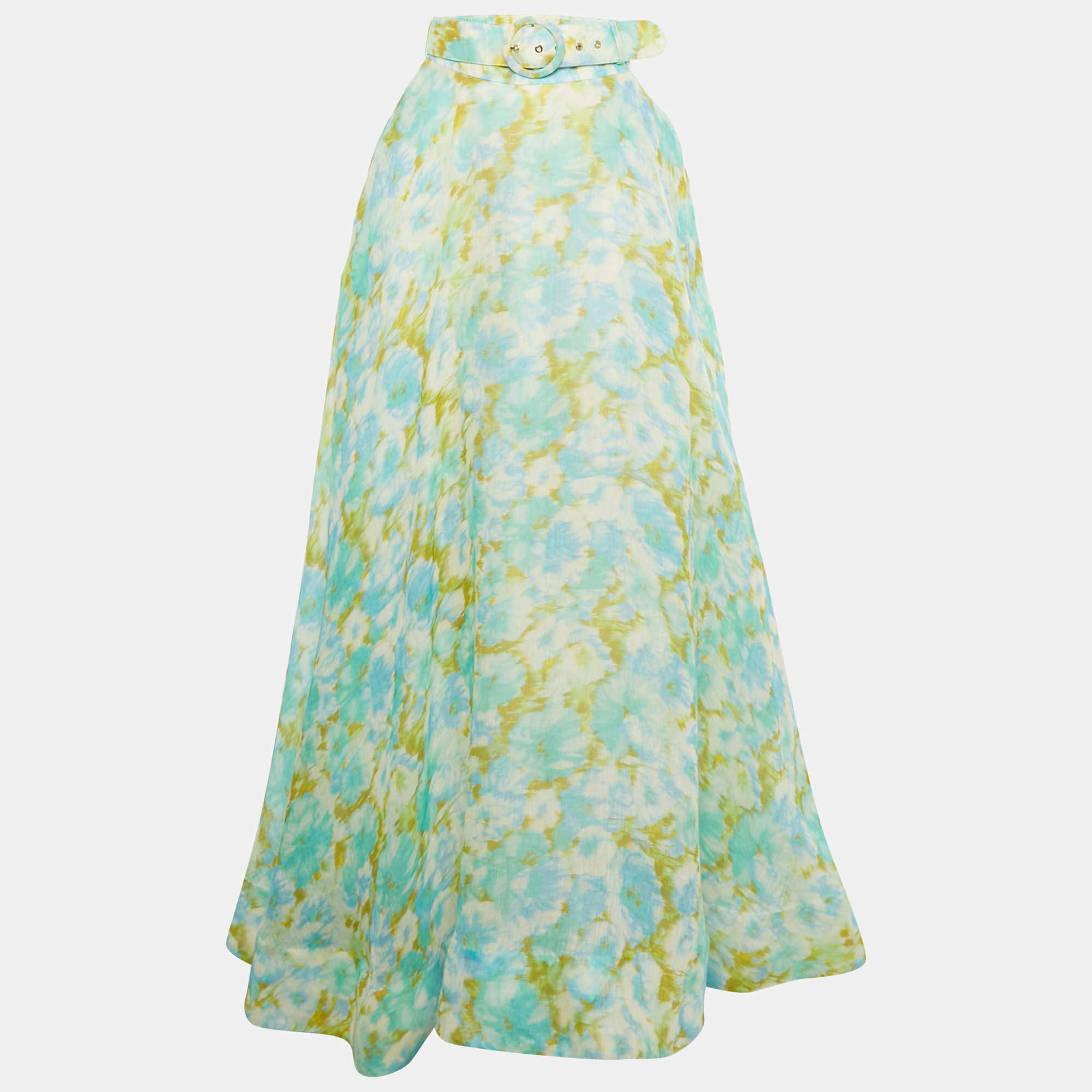 Pre Owned Zimmermann Multicolor Printed Linen and Silk Belted Maxi Skirt M