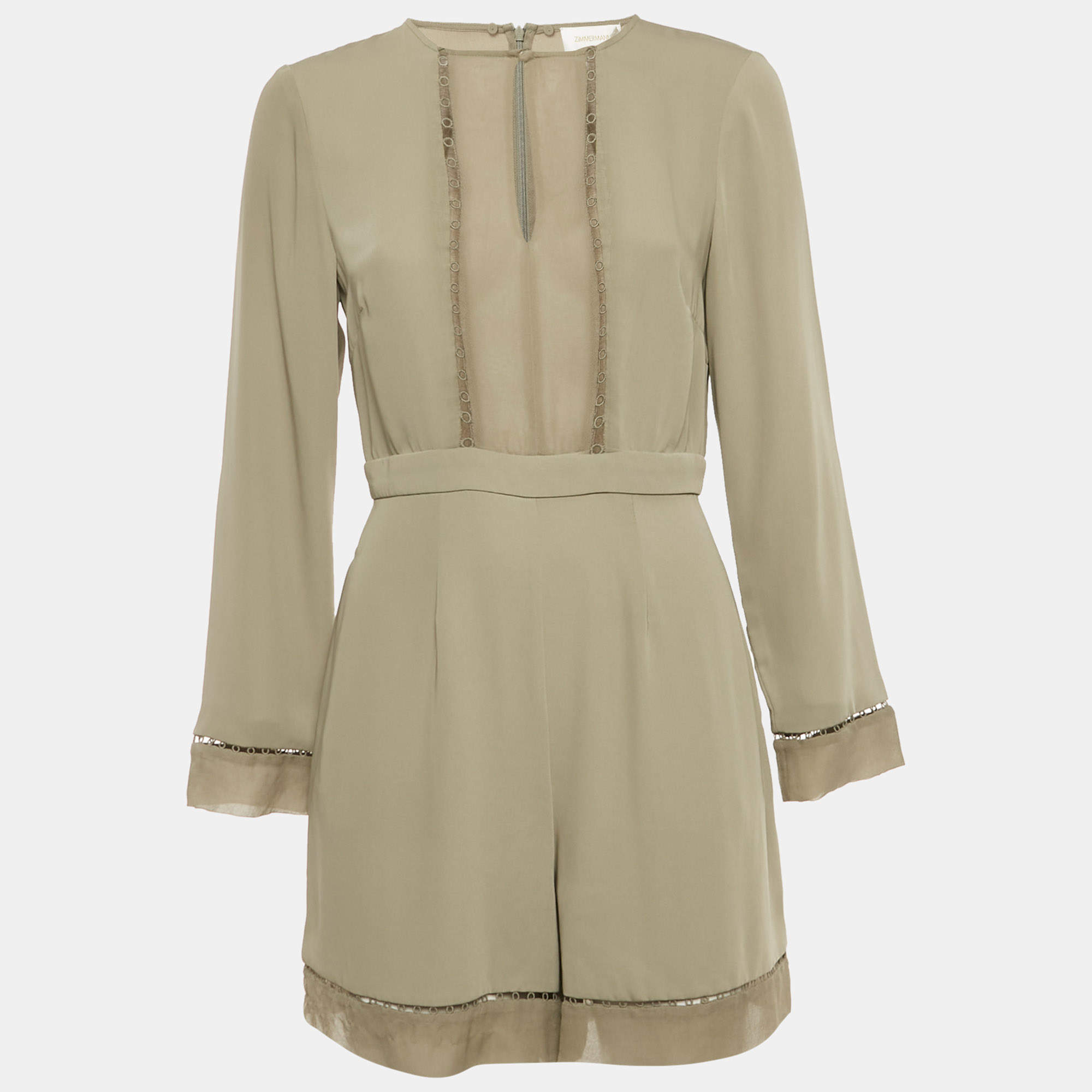 Pre Owned Zimmermann Olive Green Crepe Cutout Detail Long Sleeve Playsuit M