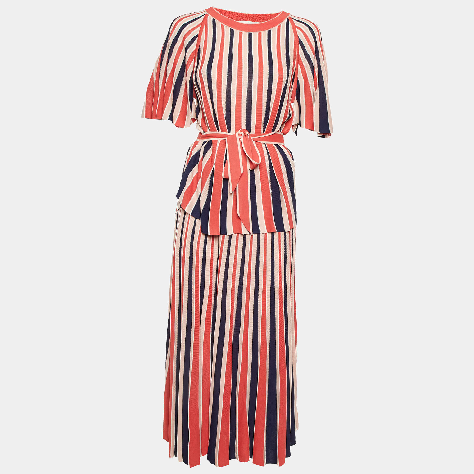 Pre Owned Zimmermann Multicolor Striped Knit Belted Top & Midi Skirt L