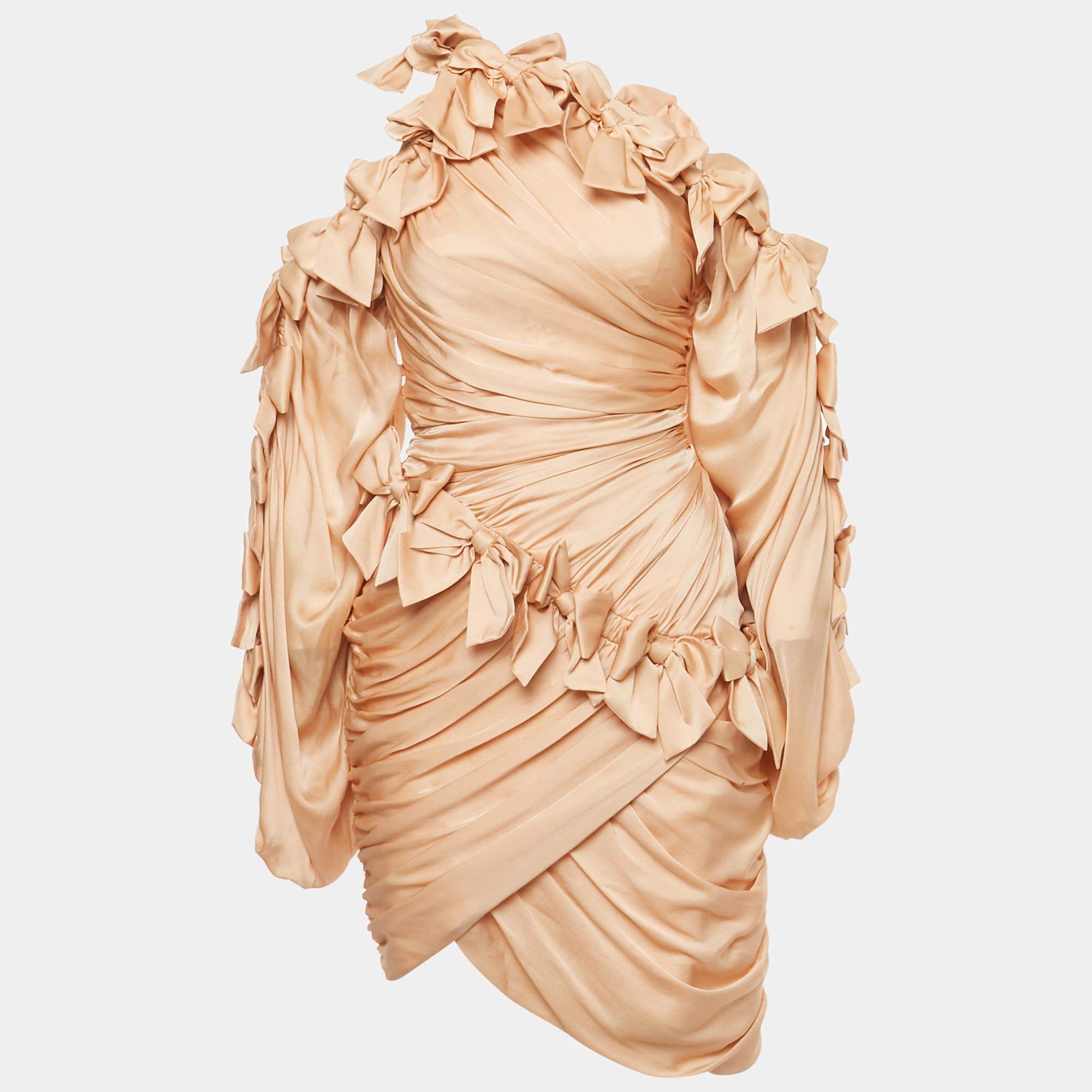 Pre Owned Zimmermann Beige Silk Bow Detail Ruche Short Dress S