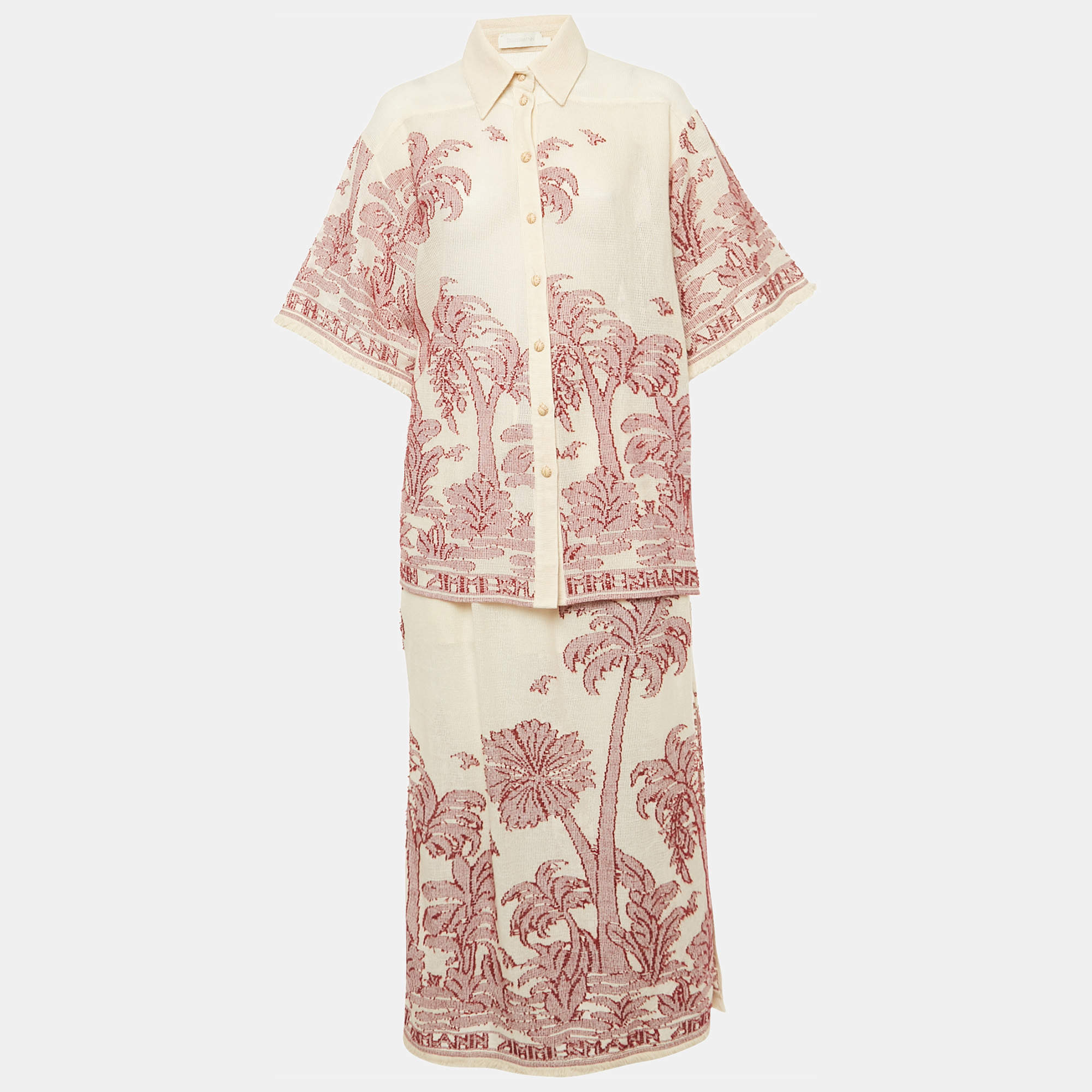 Pre Owned Zimmermann Beige/Red Ottie Palm-Knit Cotton Shirt and Skirt Set M