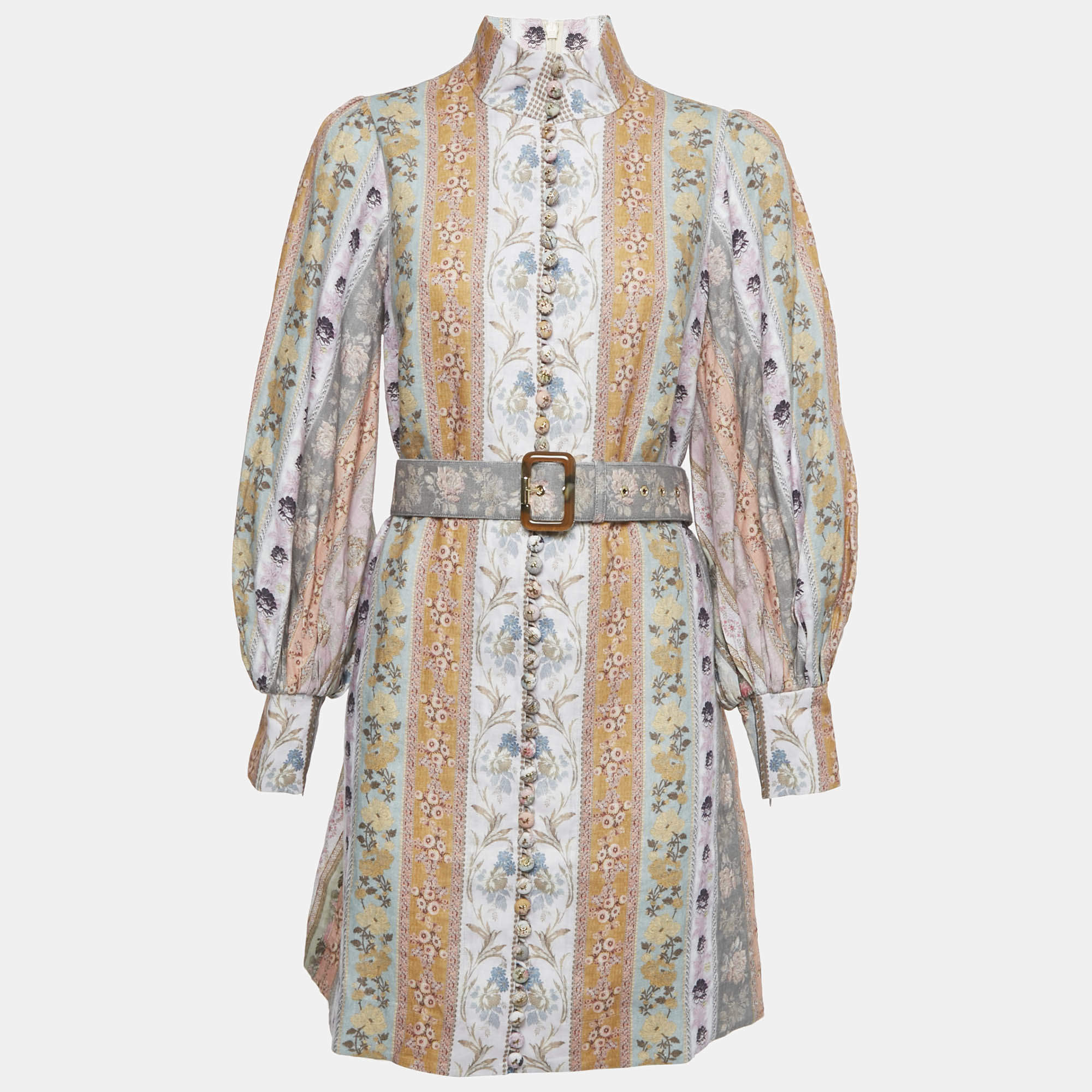 Pre Owned Zimmermann Multicolor Linen Floral Print High Neck Mini Dress M