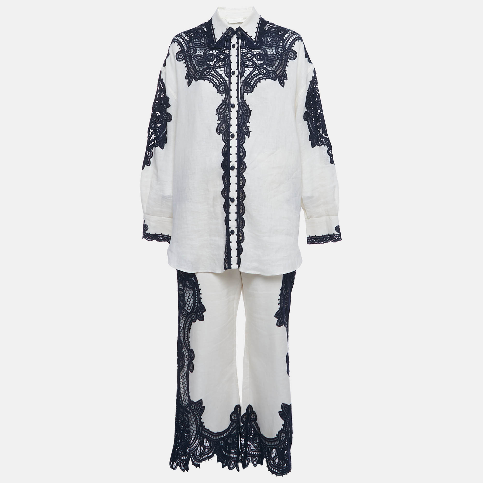 Pre Owned Zimmermann Beige Crocheted Lace and Linen Shirt & Pants Set M