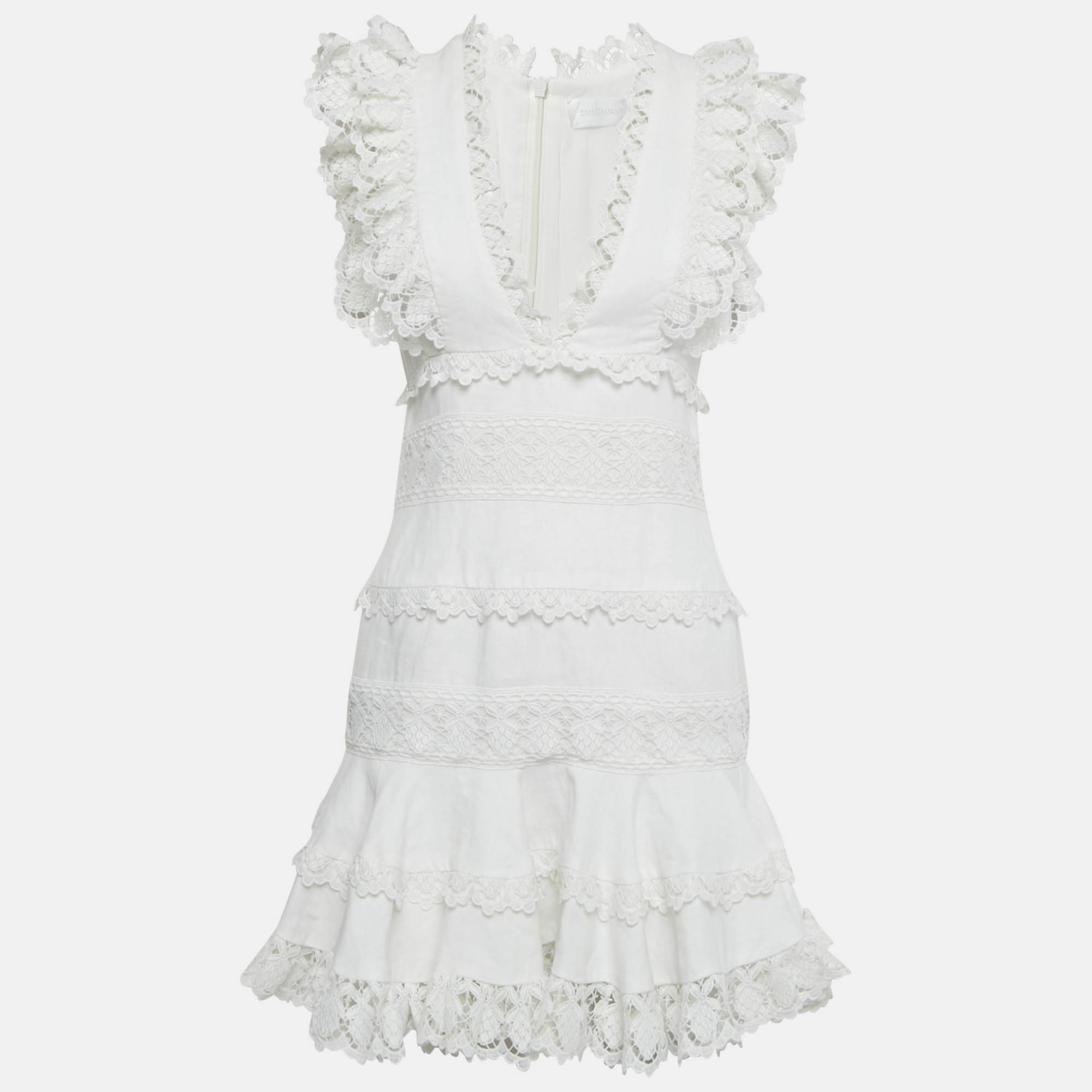 مملوكة مسبقًا Zimmermann White Linen Lace Trim Detail Ruffled Mini Dress M