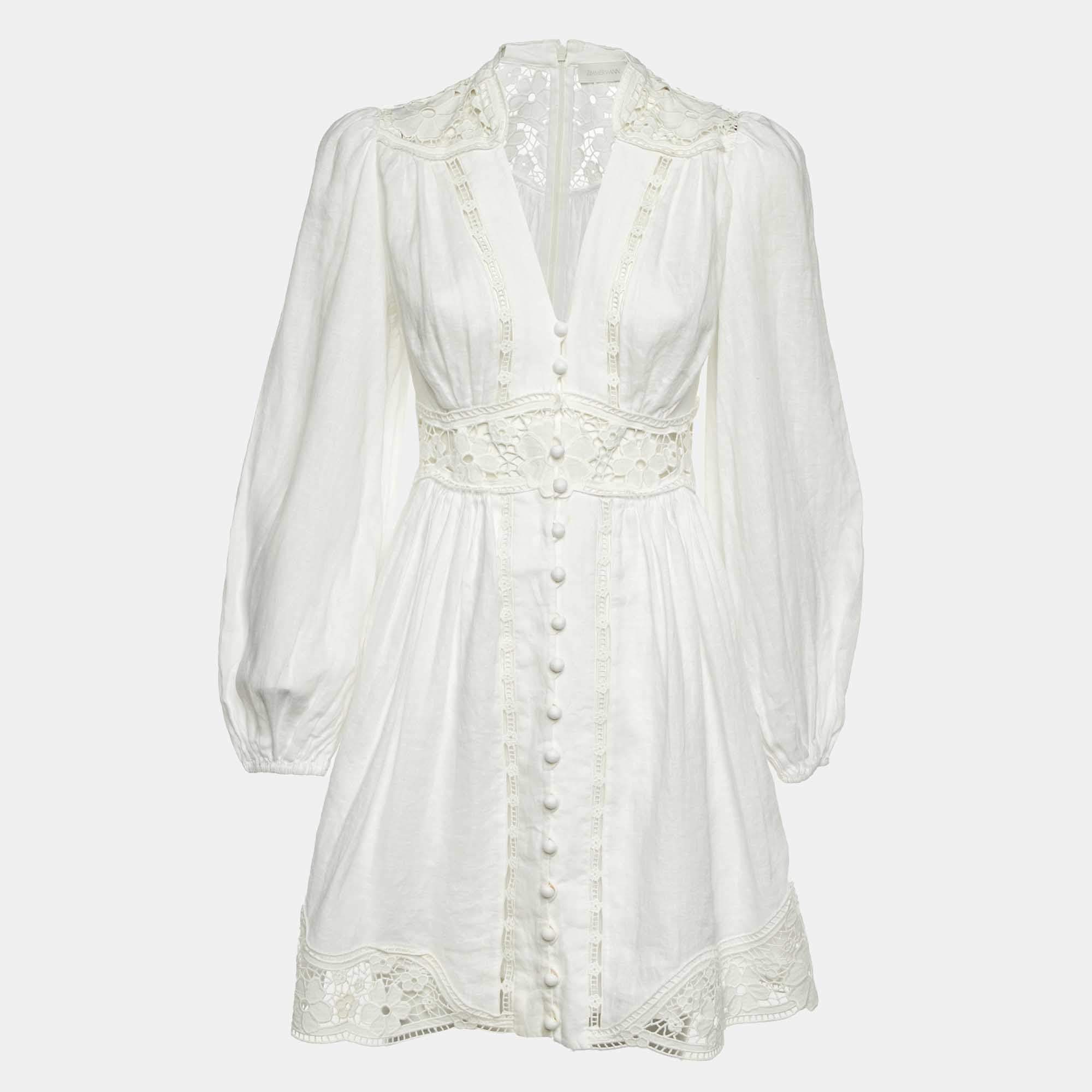 Pre Owned Zimmermann White Linen August Plunge Mini Dress M