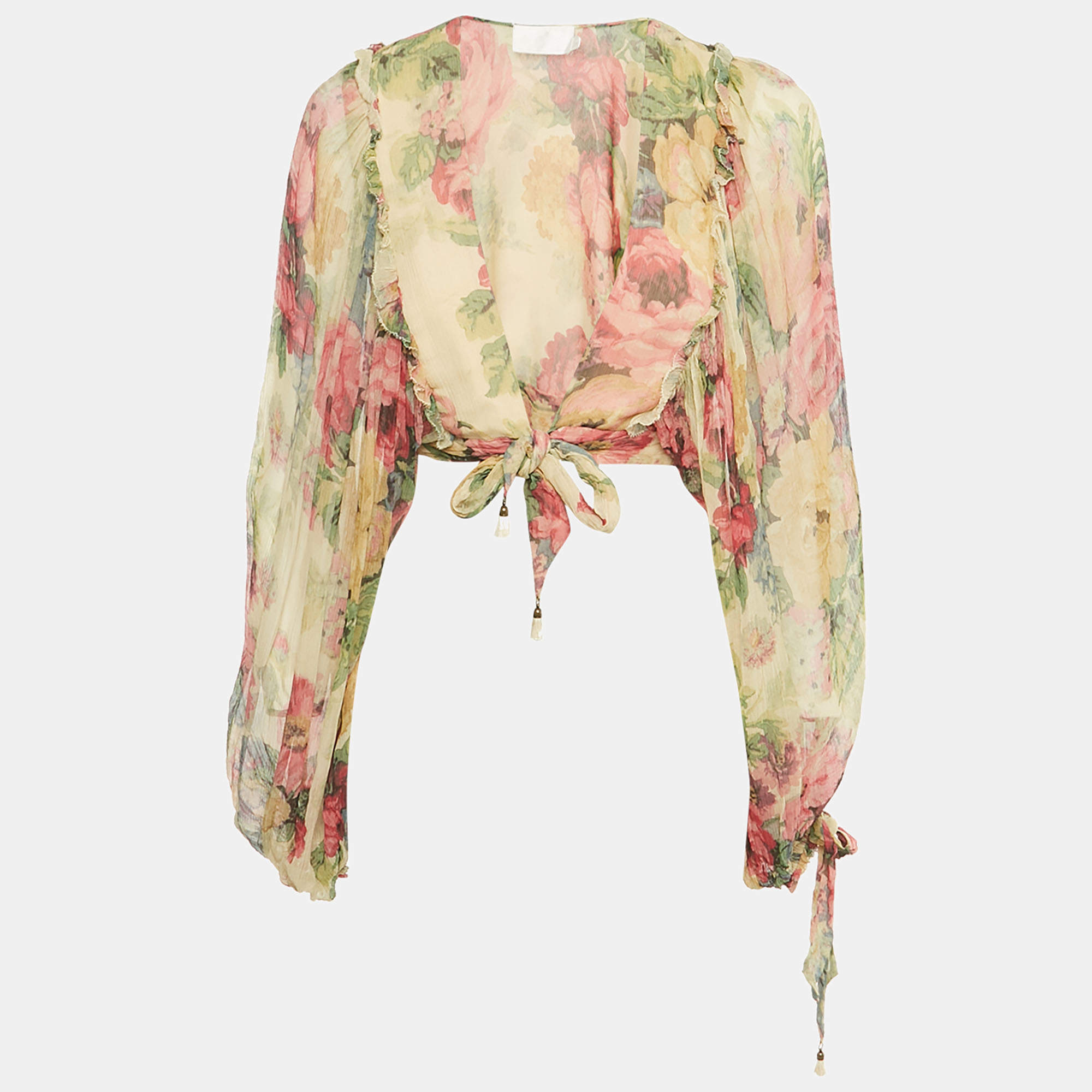 Pre Owned Zimmermann Multicolor Printed Silk Ruffled Wrap On Crop Top M