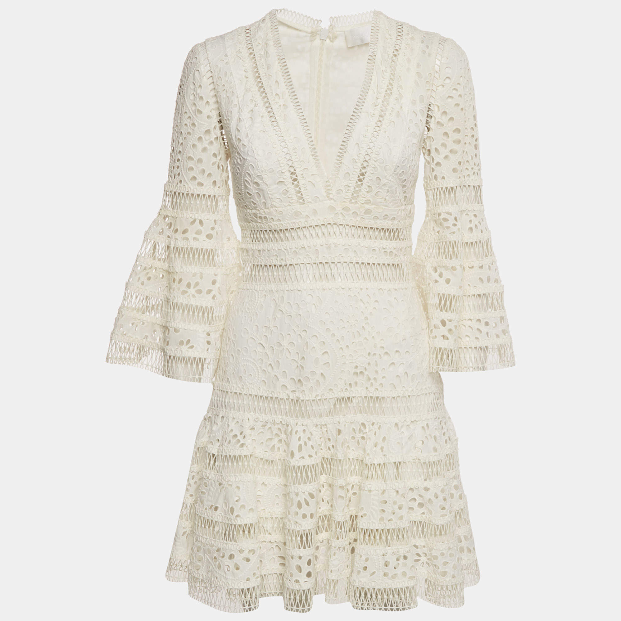 Pre Owned Zimmermann White Lace V-Neck Flared Mini Dress S
