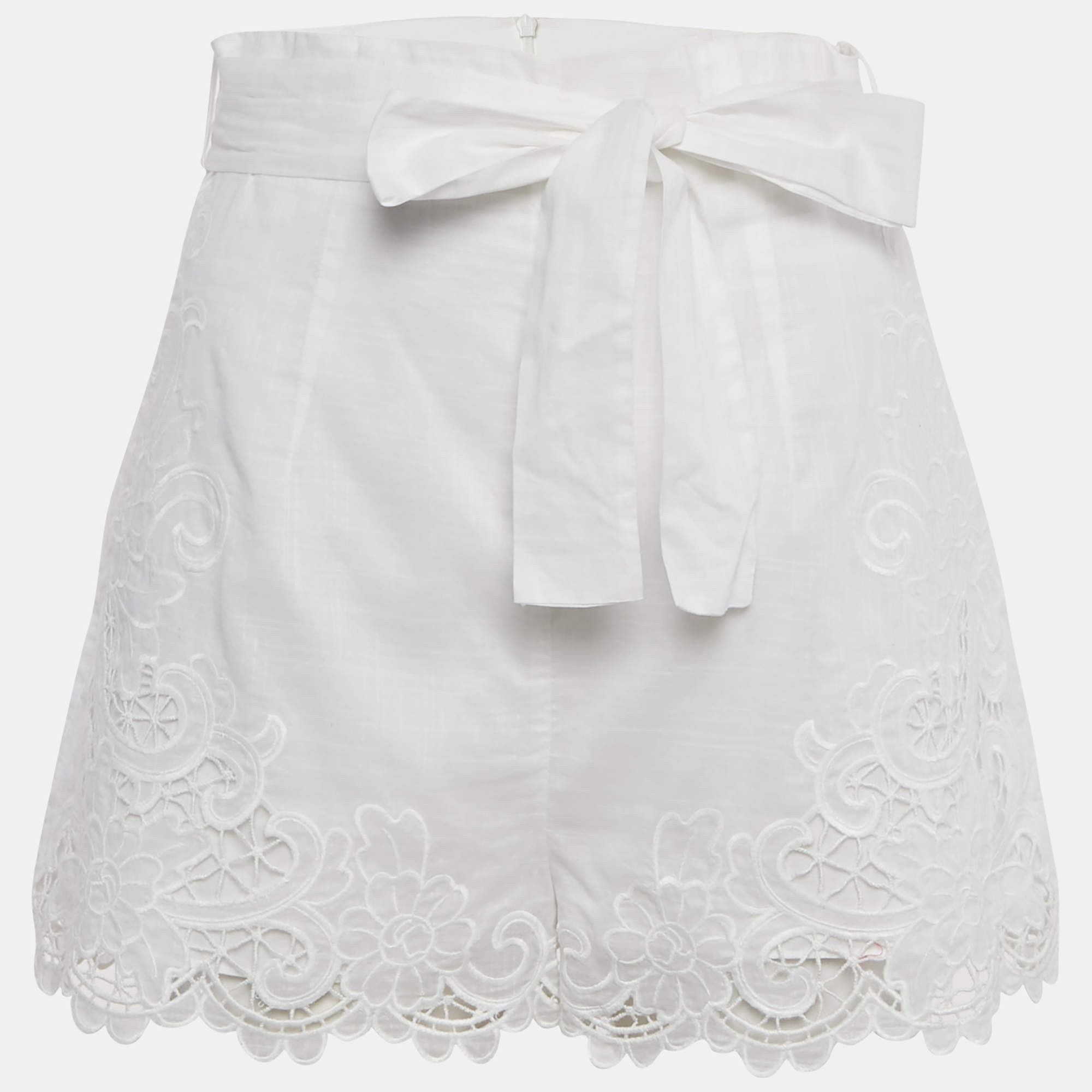 Pre Owned Zimmermann White Cotton Broderie Anglaise Belted Shorts M