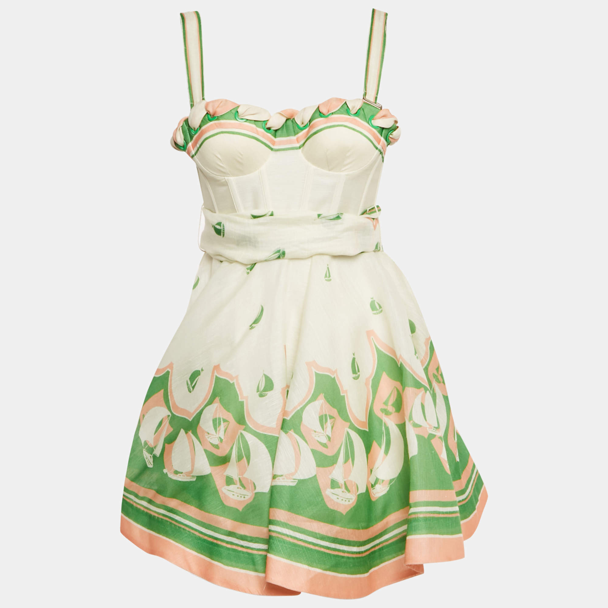 Pre Owned Zimmermann Off -White Printed Linen Blend High Tide Mini Dress XS 