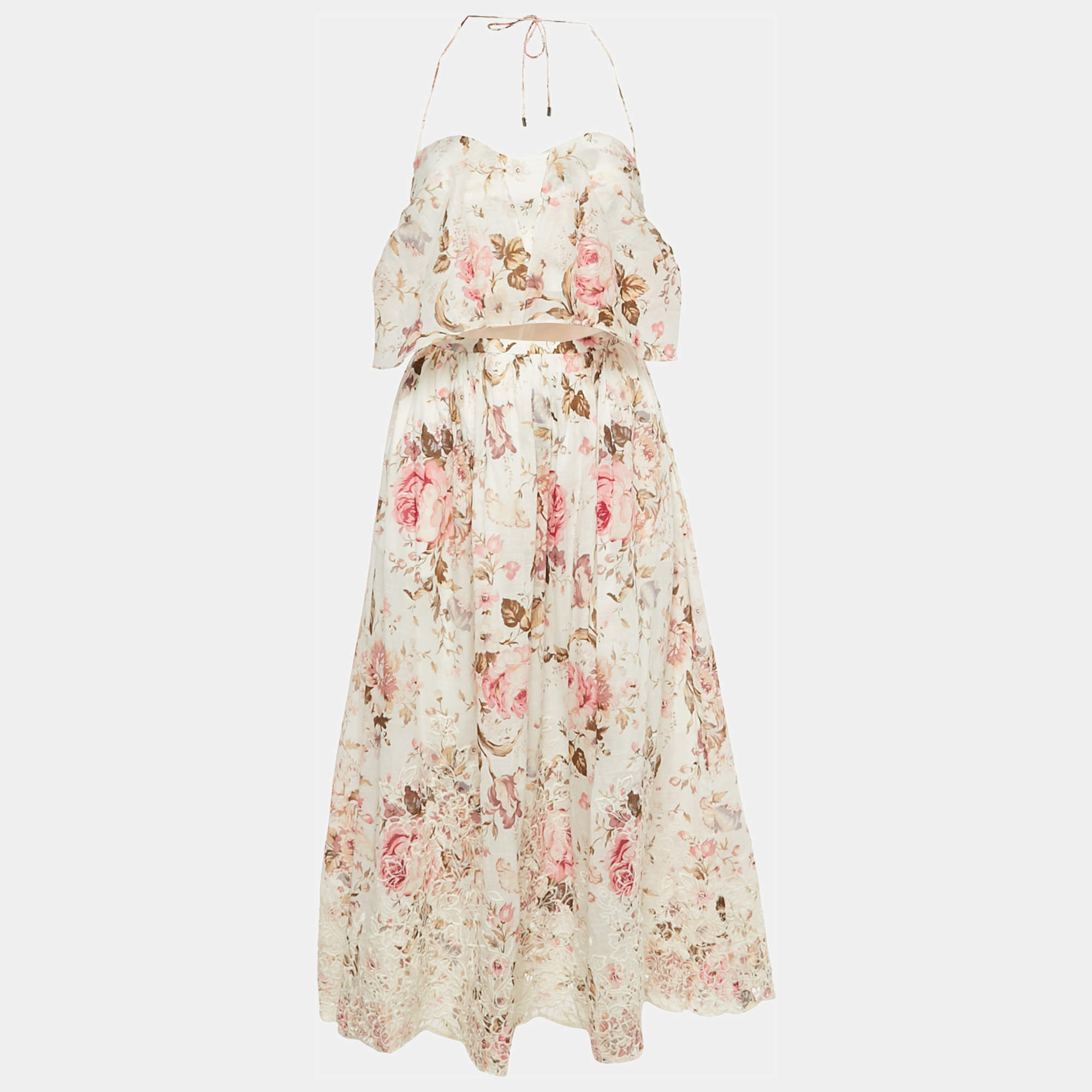 Pre Owned Zimmermann White Floral Print Cotton Cut Out Midi Dress M