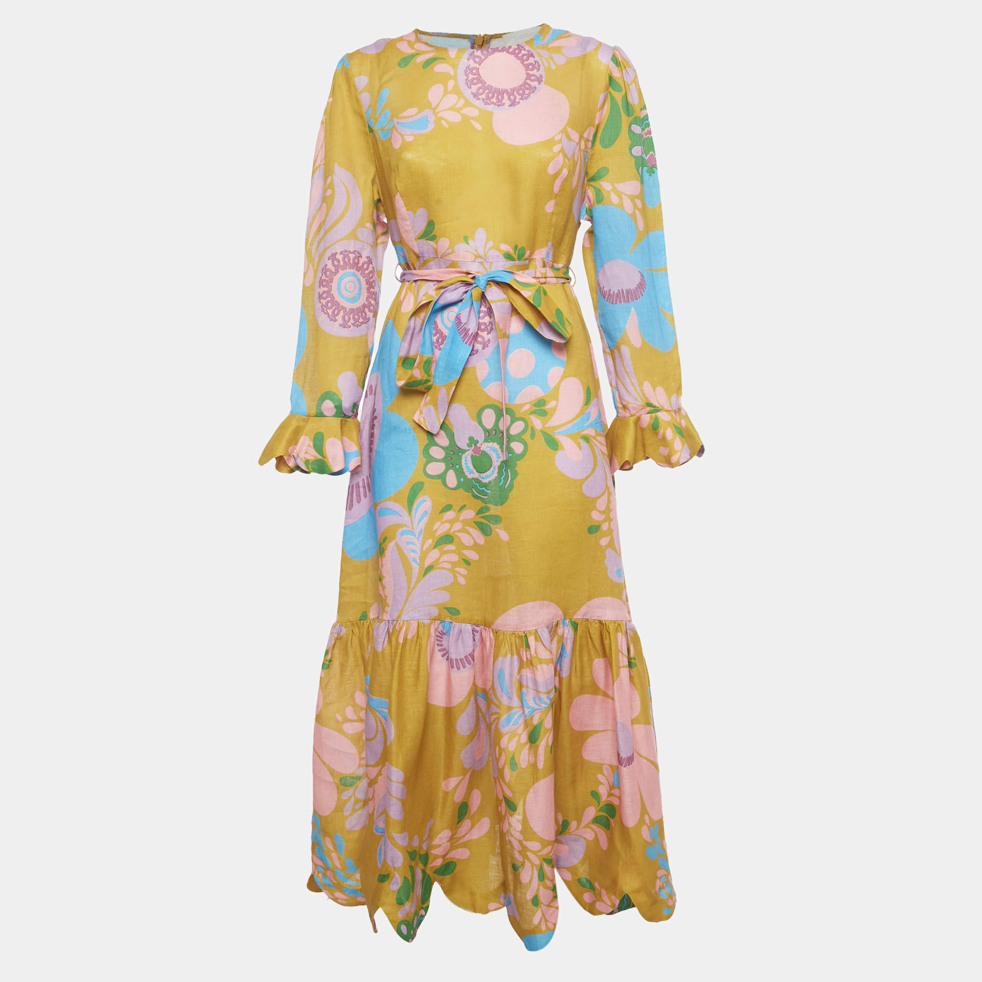 Pre Owned Zimmermann Yellow Printed Linen Teddy Gathered Midi Dress L