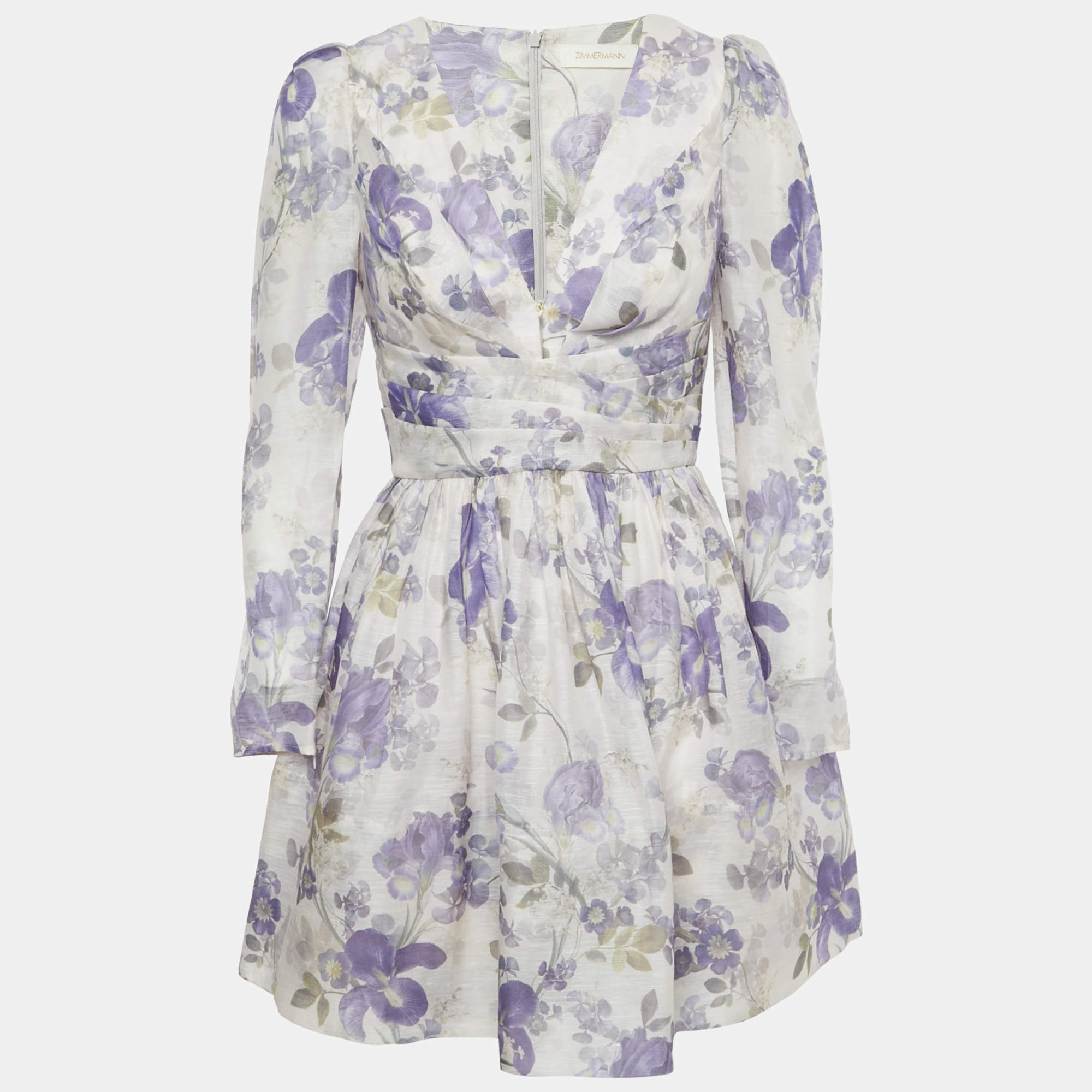 Pre Owned Zimmermann Purple Floral Print Linen and Silk Draped Mini Dress M