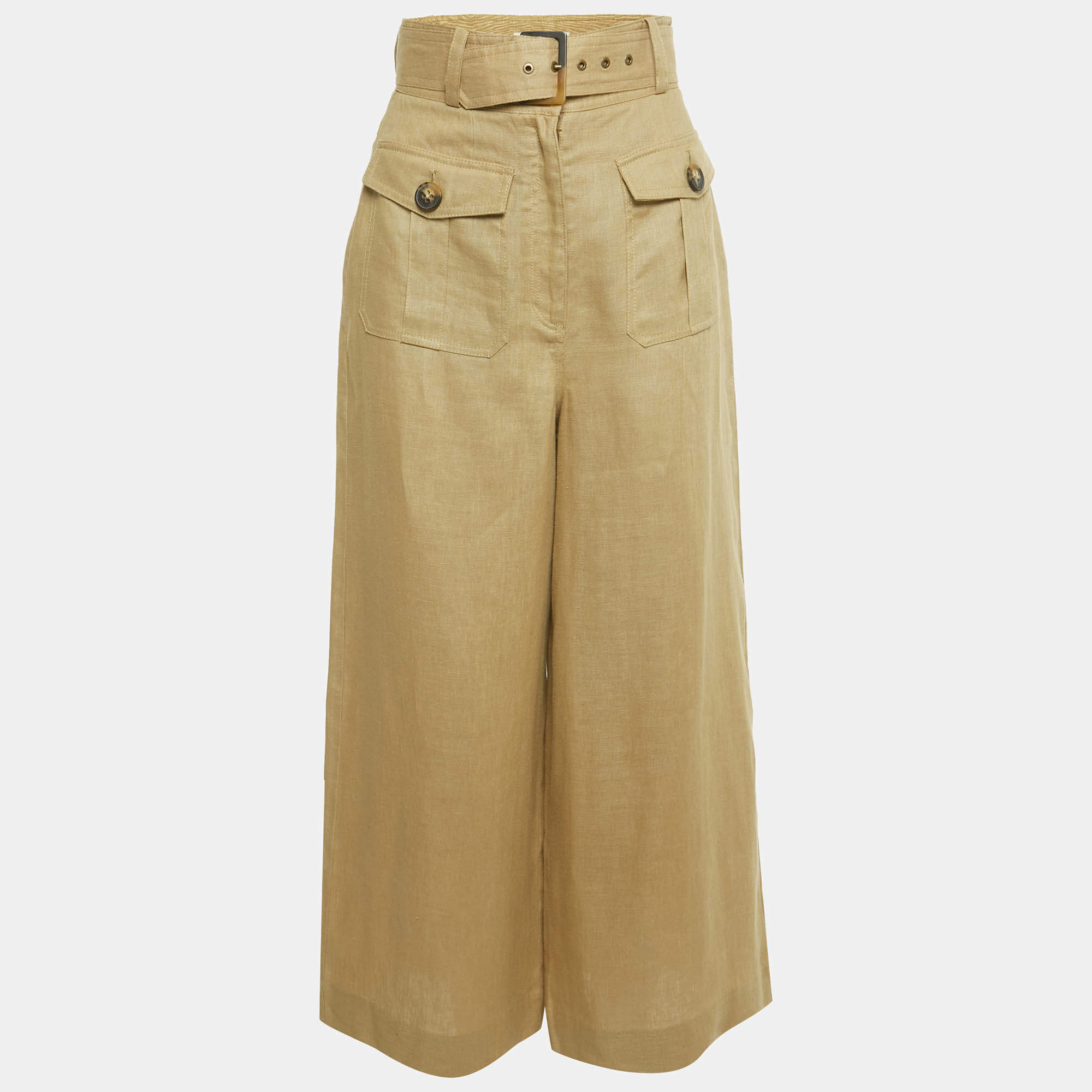 Pre Owned Zimmermann Beige Linen Belted Wide Leg Trousers S