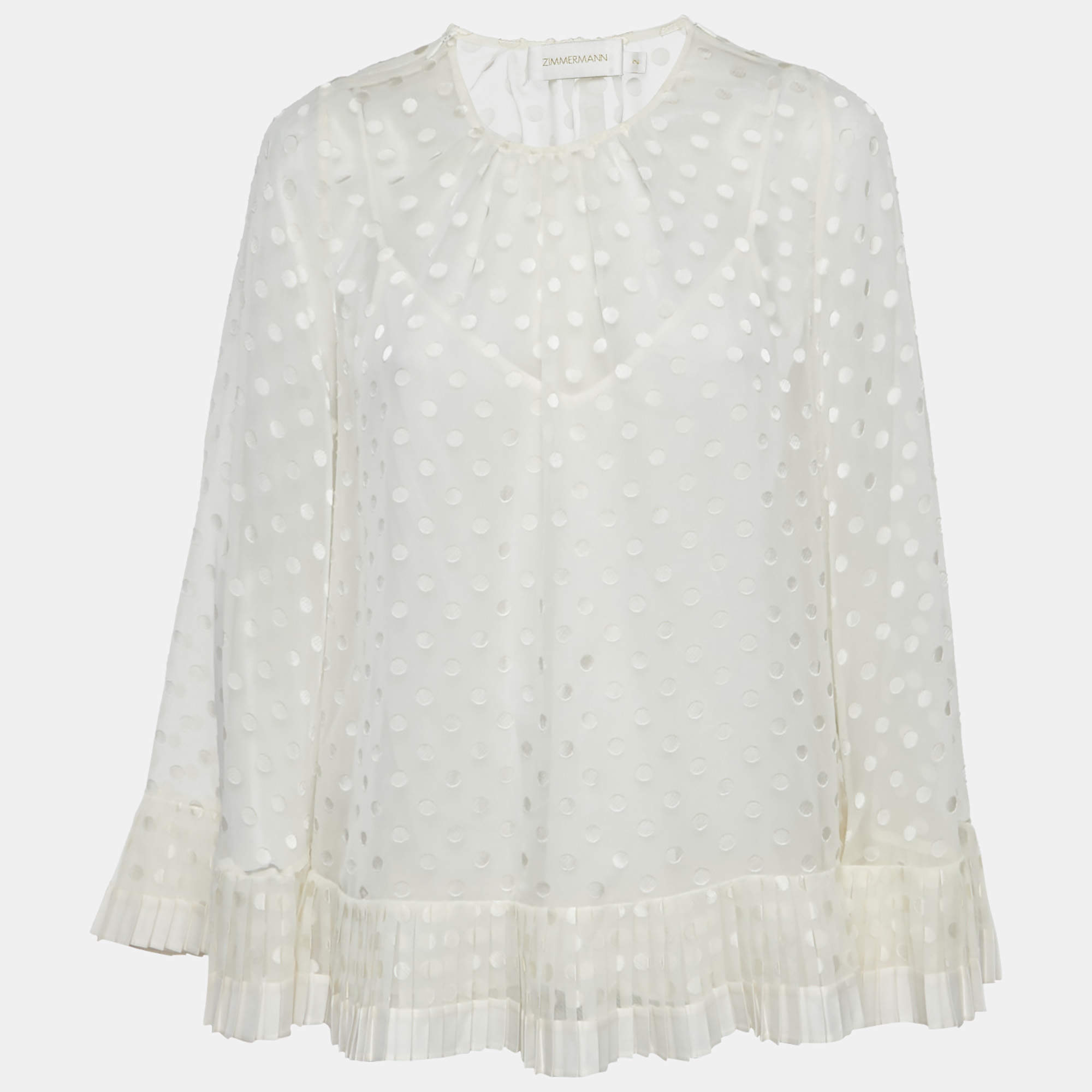 Pre Owned Zimmermann Off-White Dotted Crepe Fil Coupe Pleat Detail Top M