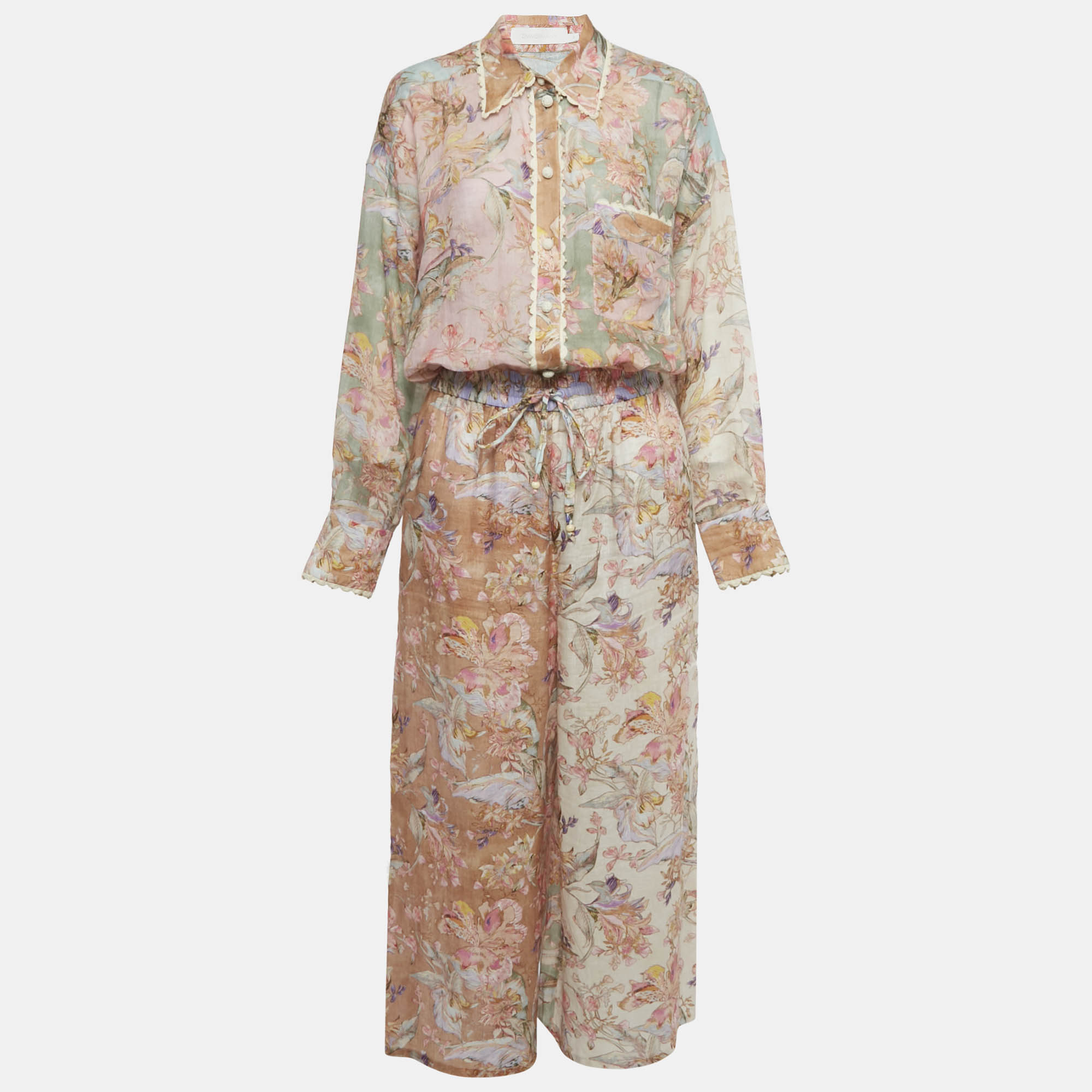Pre Owned Zimmermann Multicolor Floral Print Ramie & Linen Shirt & Pants Set L