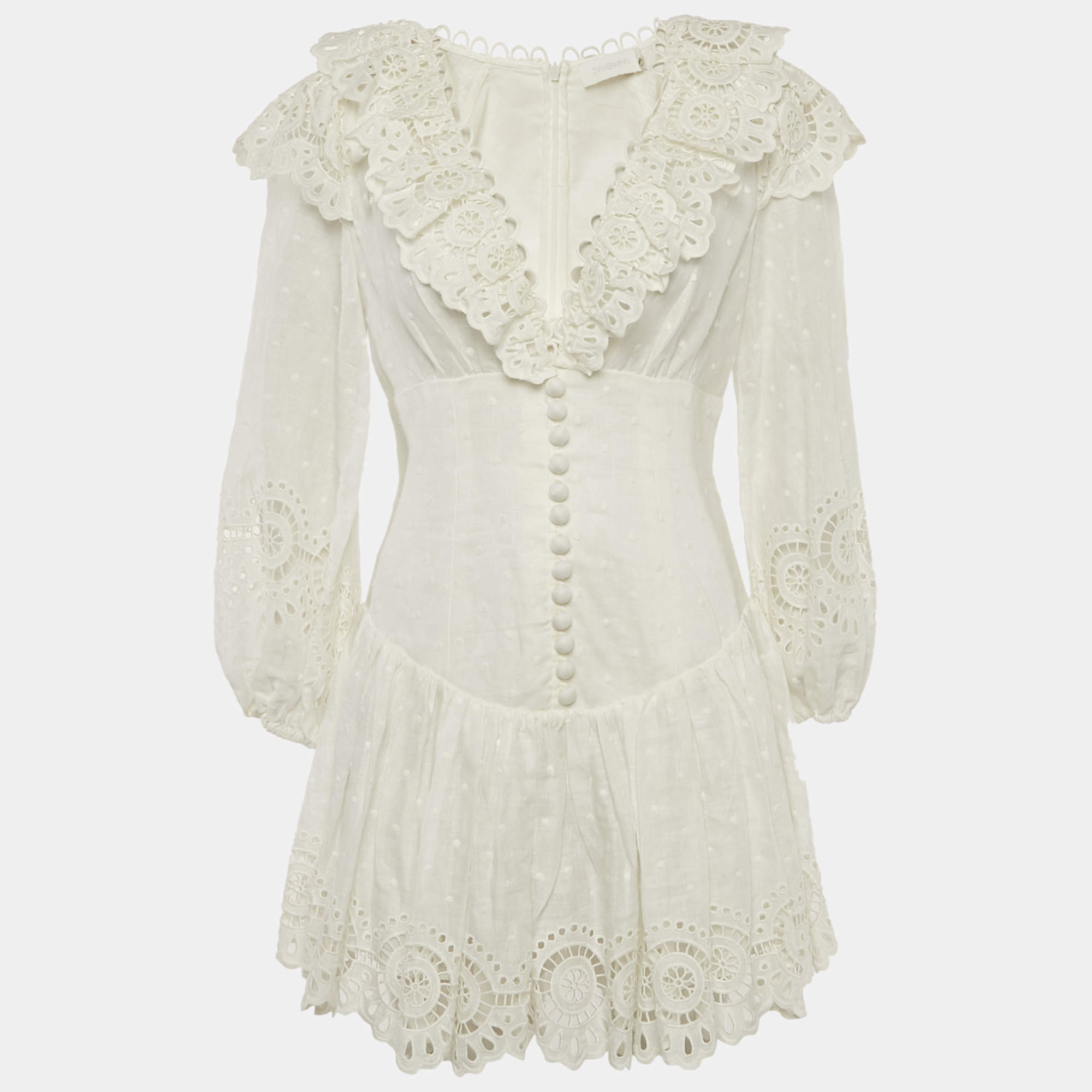 Pre Owned Zimmermann White Swiss Dot Anglaise Broderie Linen Bellitude Mini Dress M