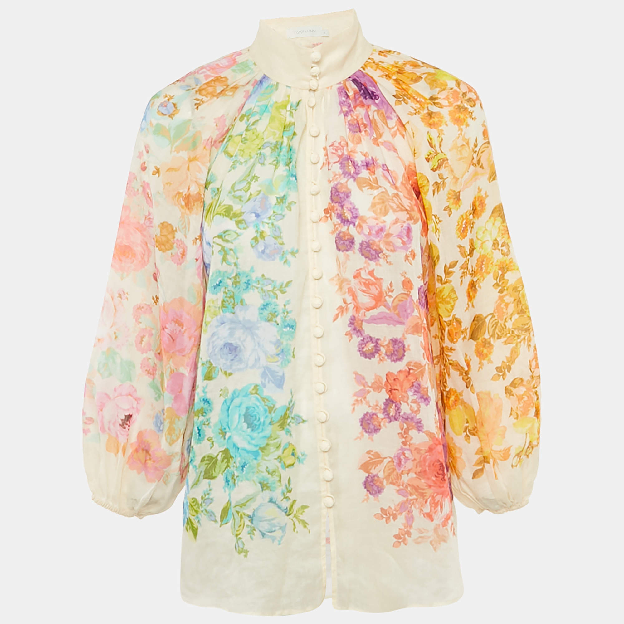 Pre Owned Zimmermann Multicolor/Off-White Floral Print Ramie Raie Billow Blouse S