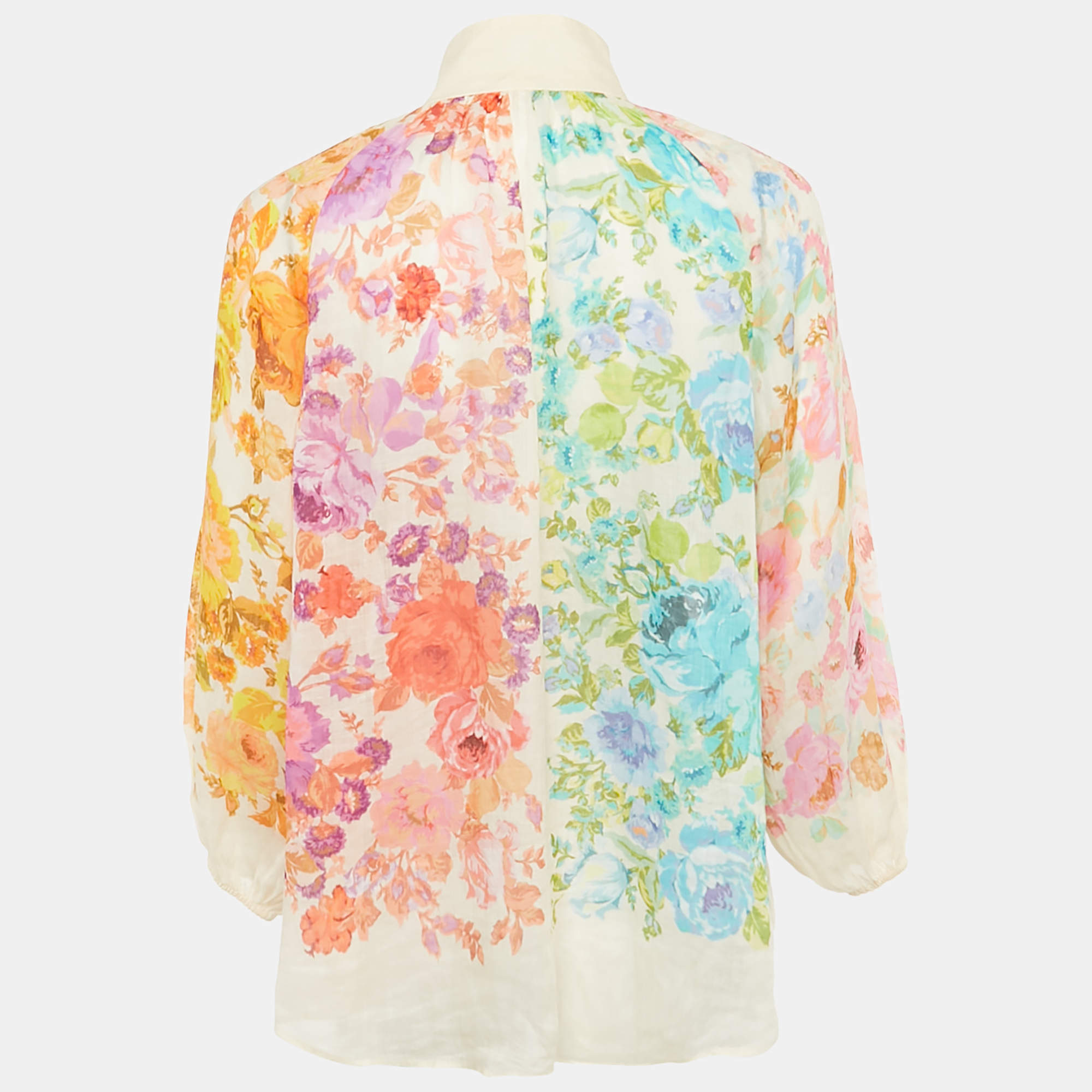 Pre Owned Zimmermann Multicolor/Off-White Floral Print Ramie Raie Billow Blouse S