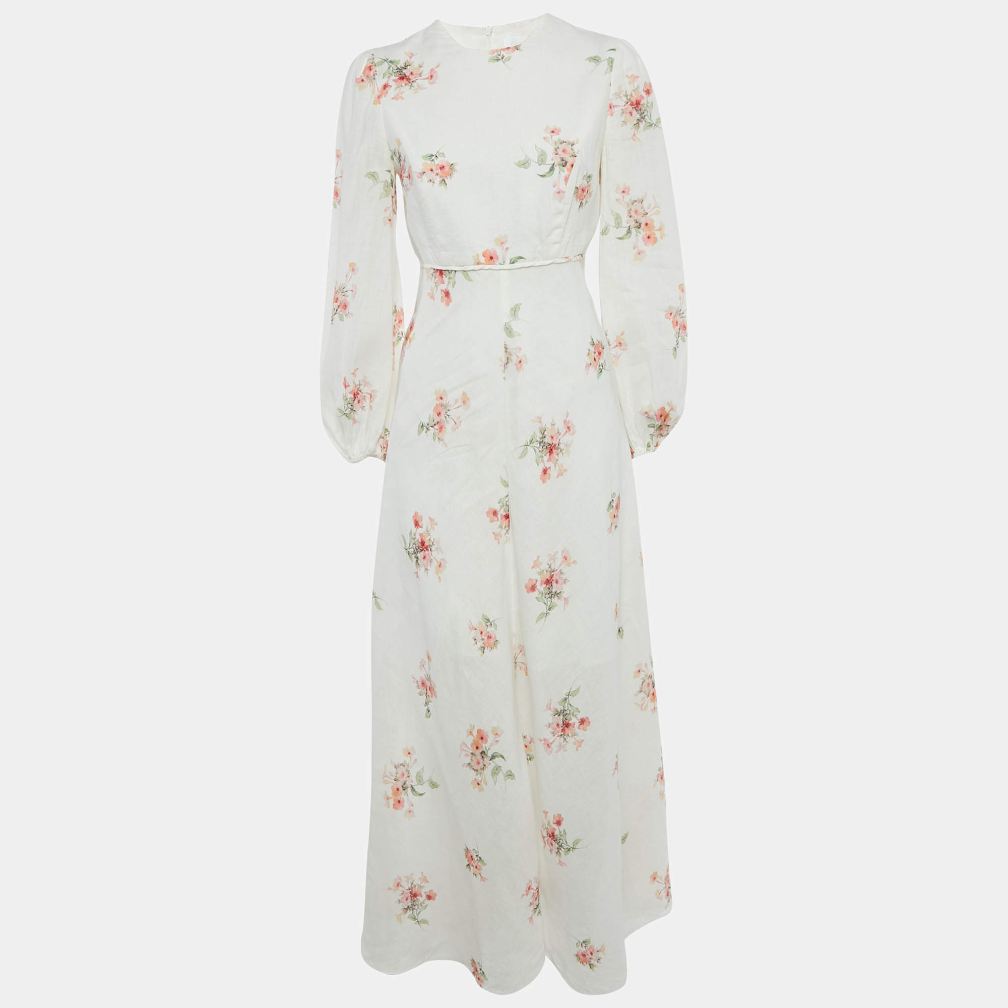 Pre Owned Zimmermann White Floral Print Linen Maxi Dress M