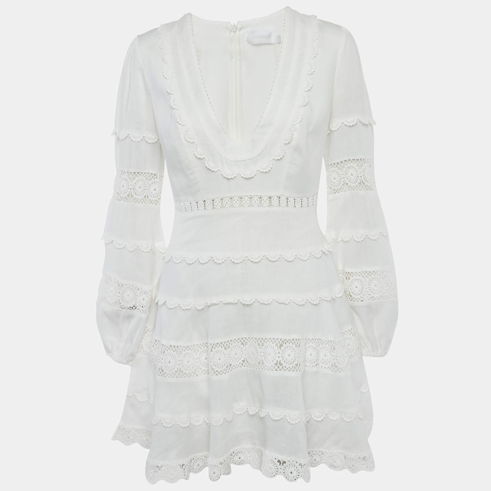 مملوكة مسبقًا Zimmermann White Linen Lace Trimmed Castile Plunge Neck Mini Dress M