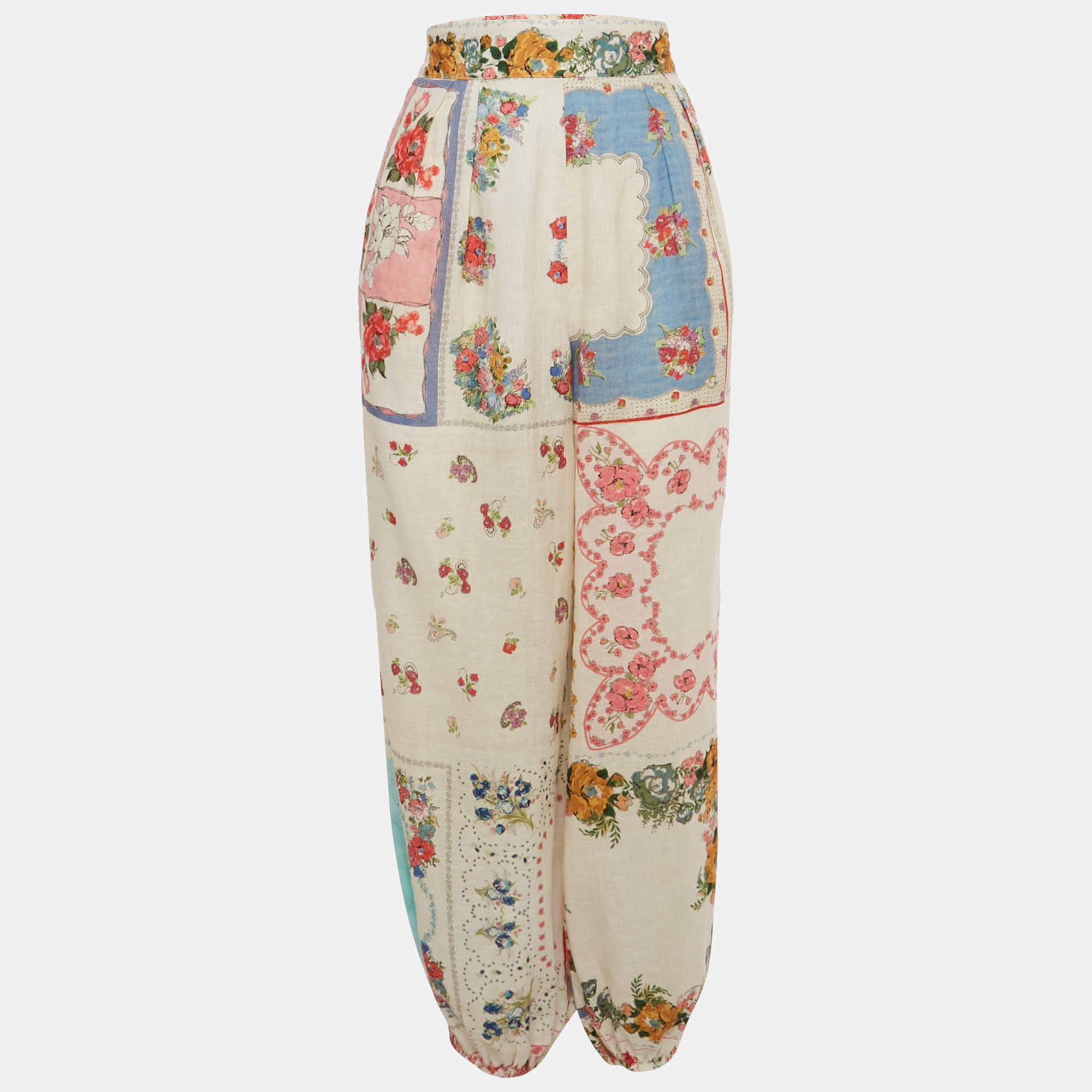 Pre Owned Zimmermann Multicolor Floral Print Clover Patchwork Linen Cuffed Trousers M