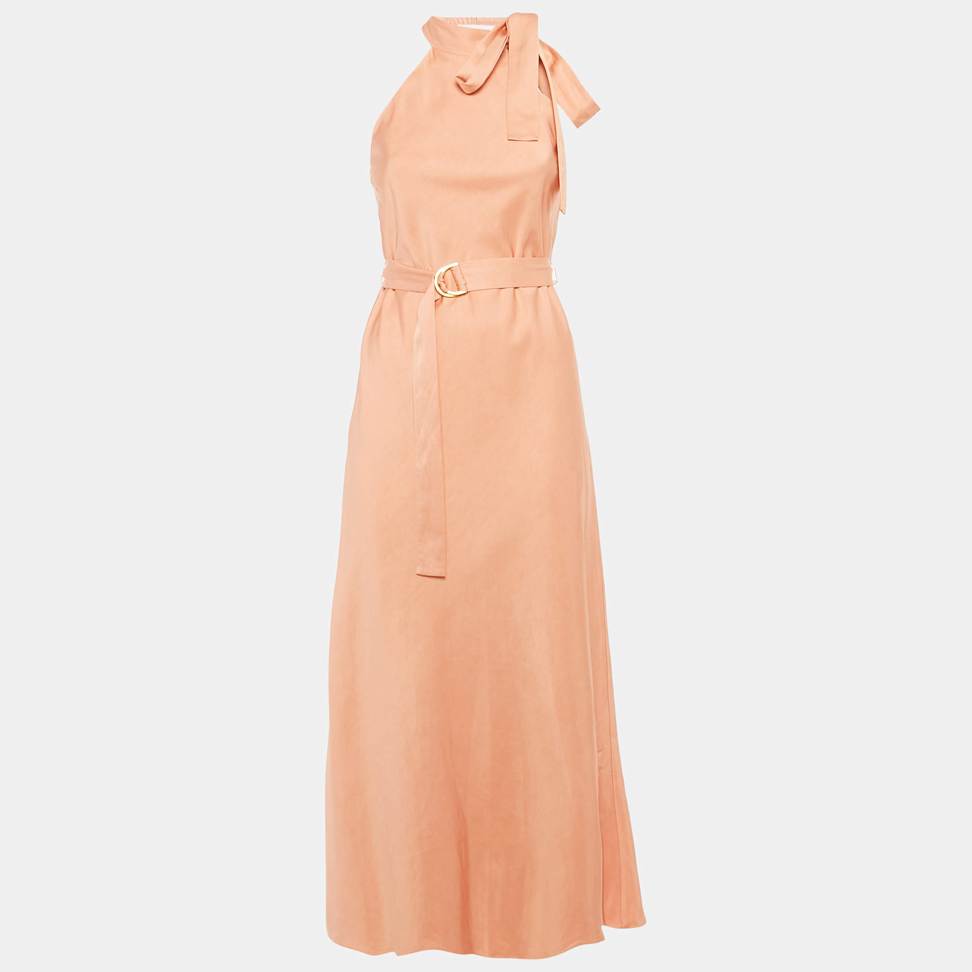 Pre Owned Zimmermann Peach Dupion Neck Tie Detail Midi Dress S