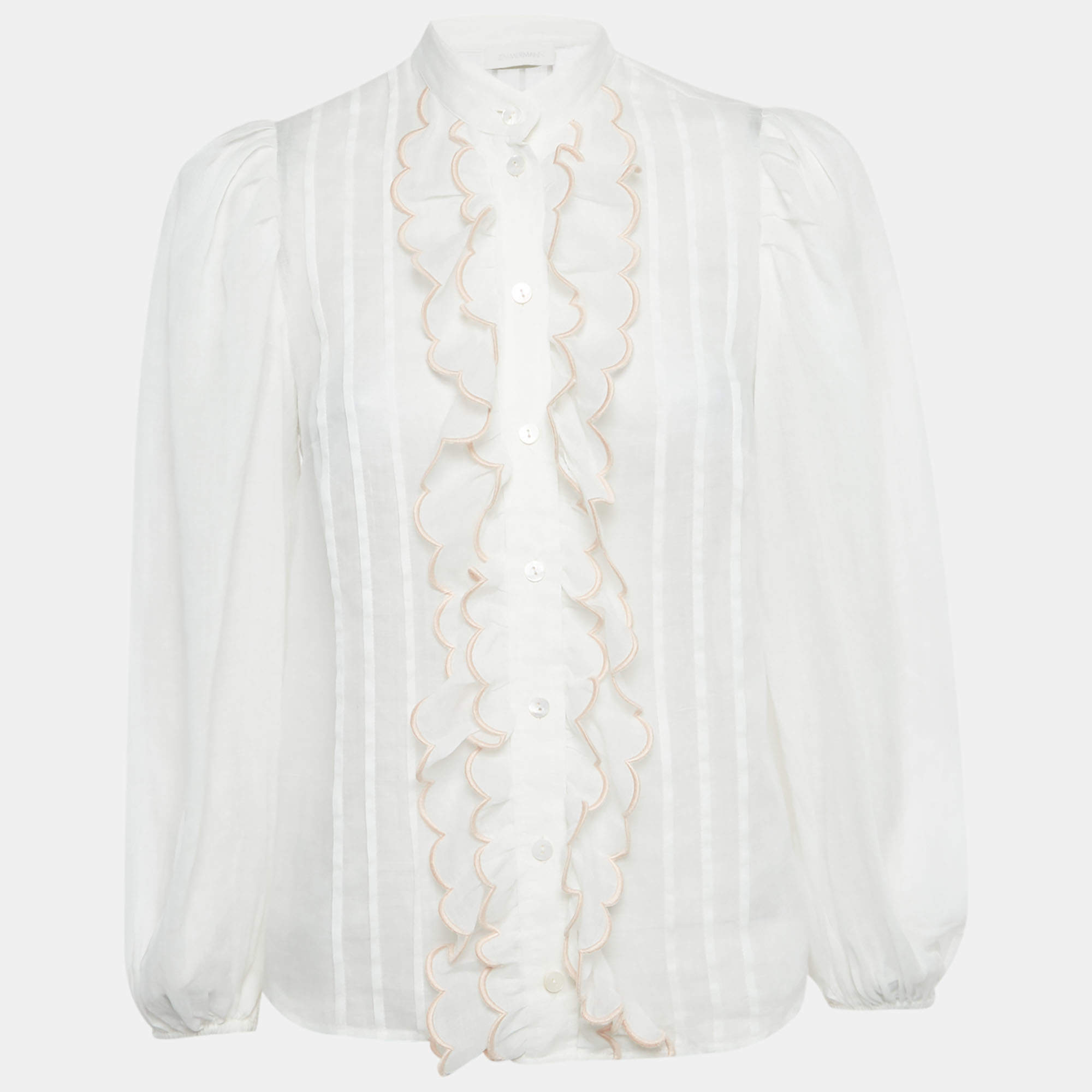 Pre Owned Zimmermann White Ramie Scallop Frill Detail Jude Shirt S 