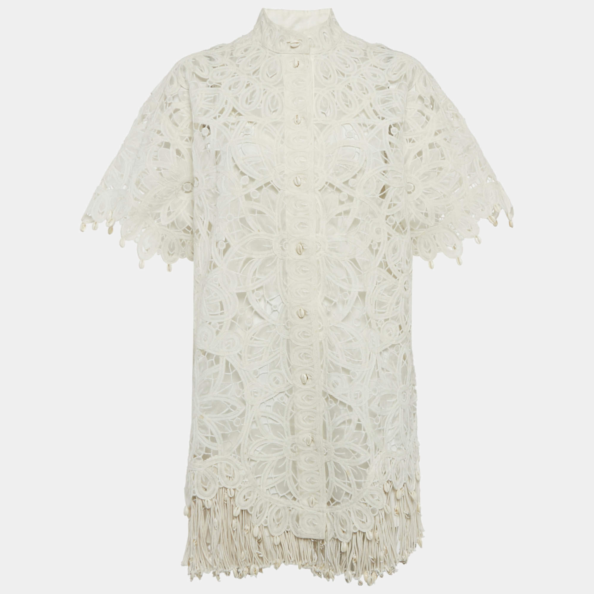Pre Owned Zimmermann White Silk Lace Cut -Out Wavelength Shirt Dress M