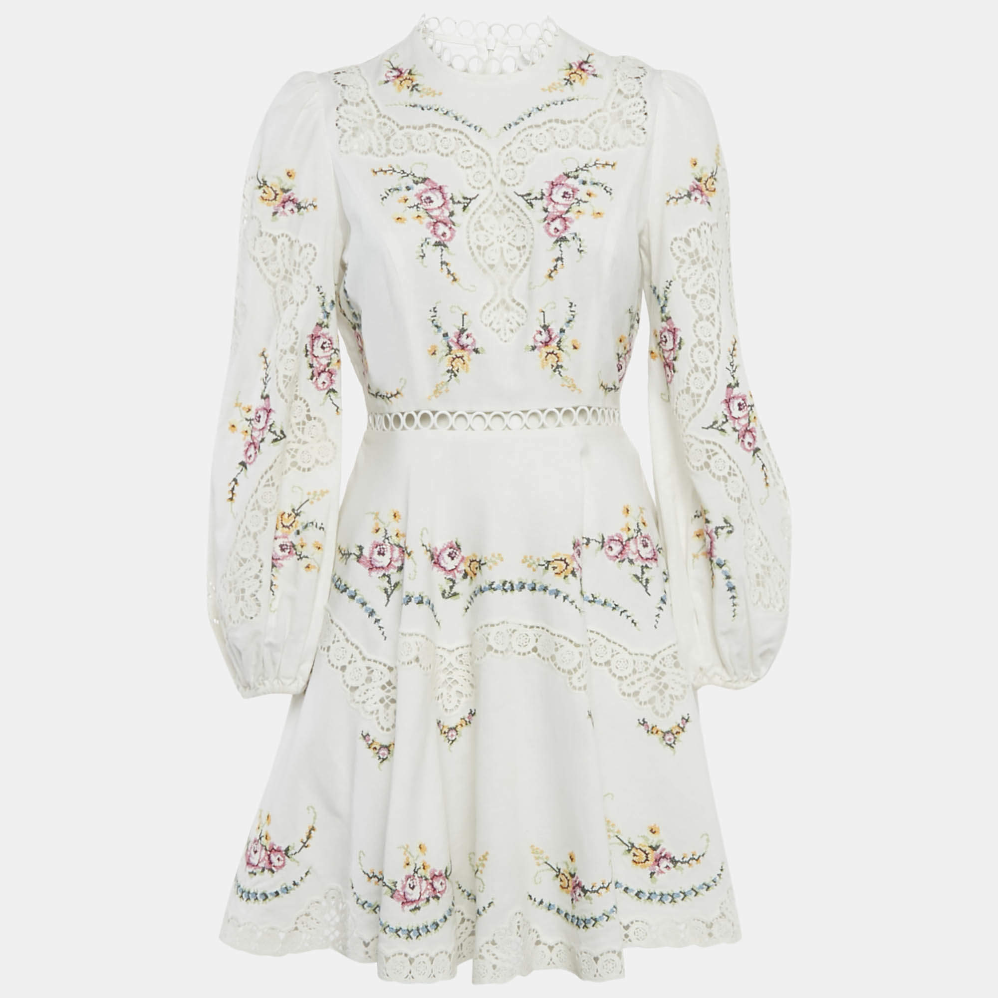 Pre Owned Zimmermann White Embroidered Lace Trim Linen & Cotton Allia Mini Dress M