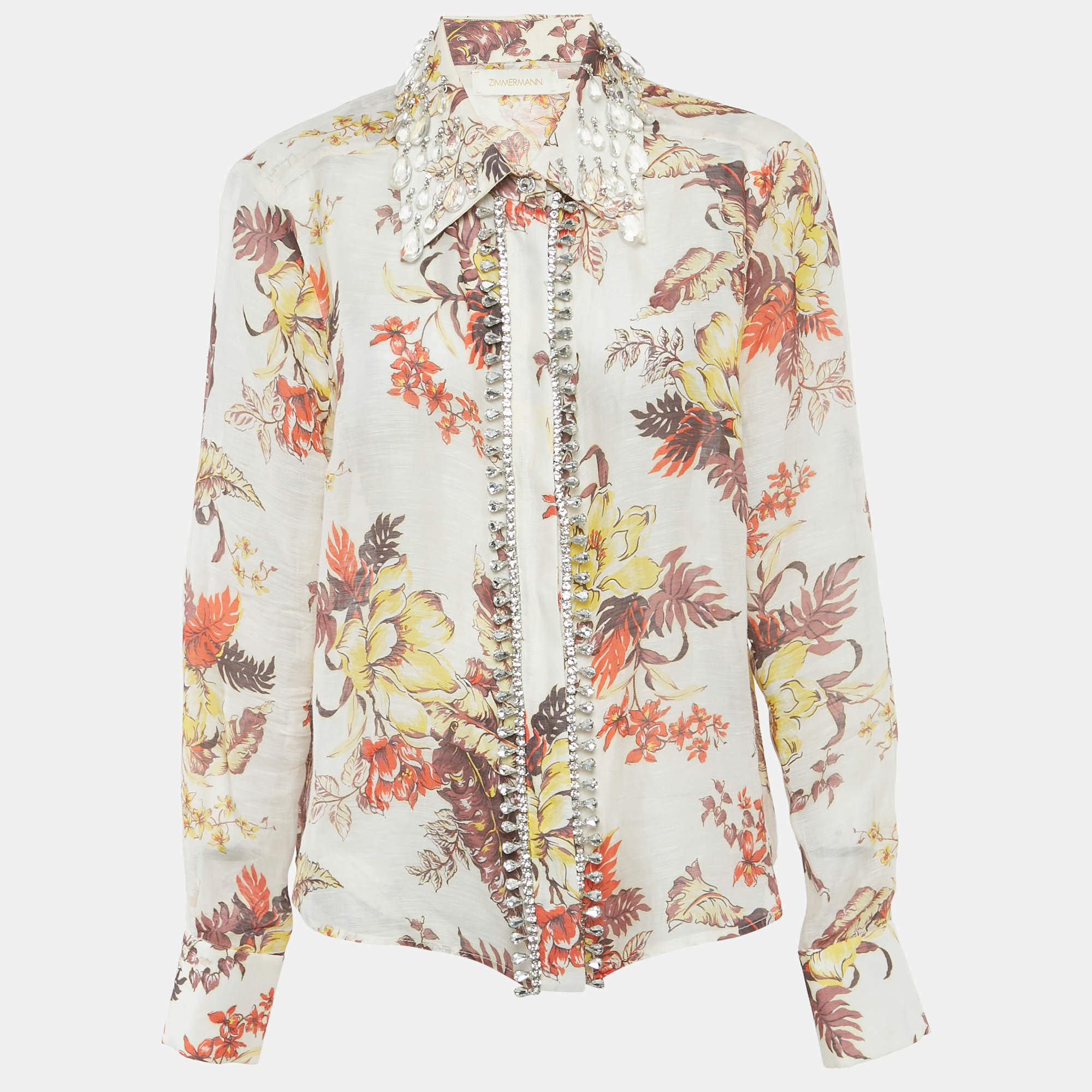 Pre Owned Zimmermann Beige Floral Print Embellished Linen & Silk Matchmaker Shirt L