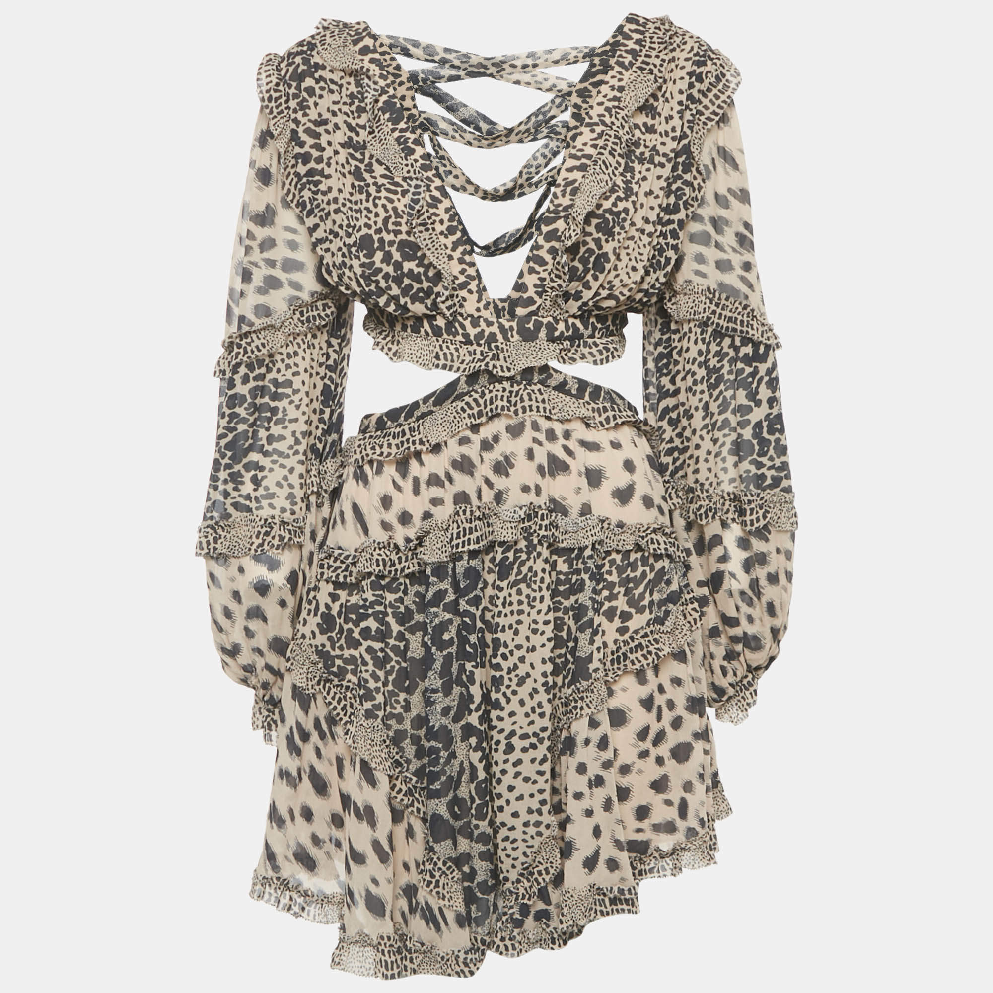 مملوكة مسبقًا Zimmermann Beige Chiffon Leopard Print Cut-Out Mini Dress M