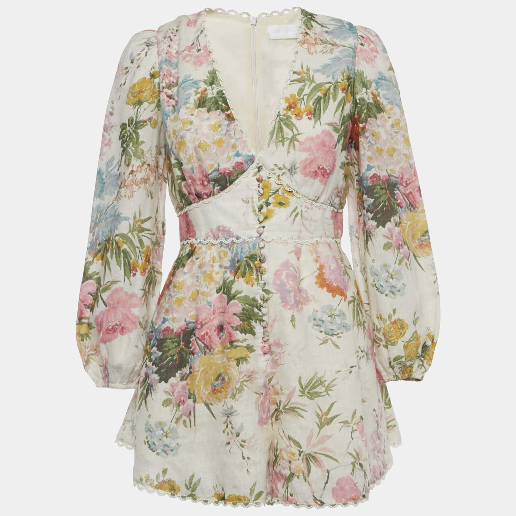Pre Owned Zimmermann Beige Floral Print Linen Plunge Neck Playsuit M