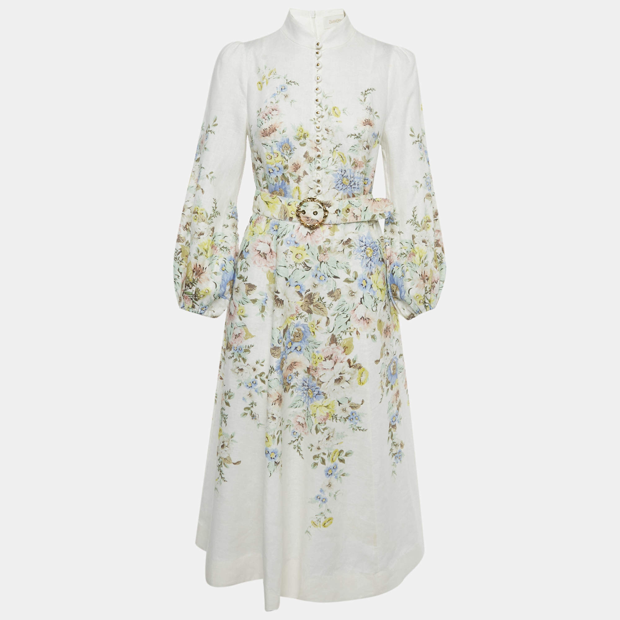 مملوكة مسبقًا Zimmermann White Floral Print Linen Matchmaker Midi Dress M