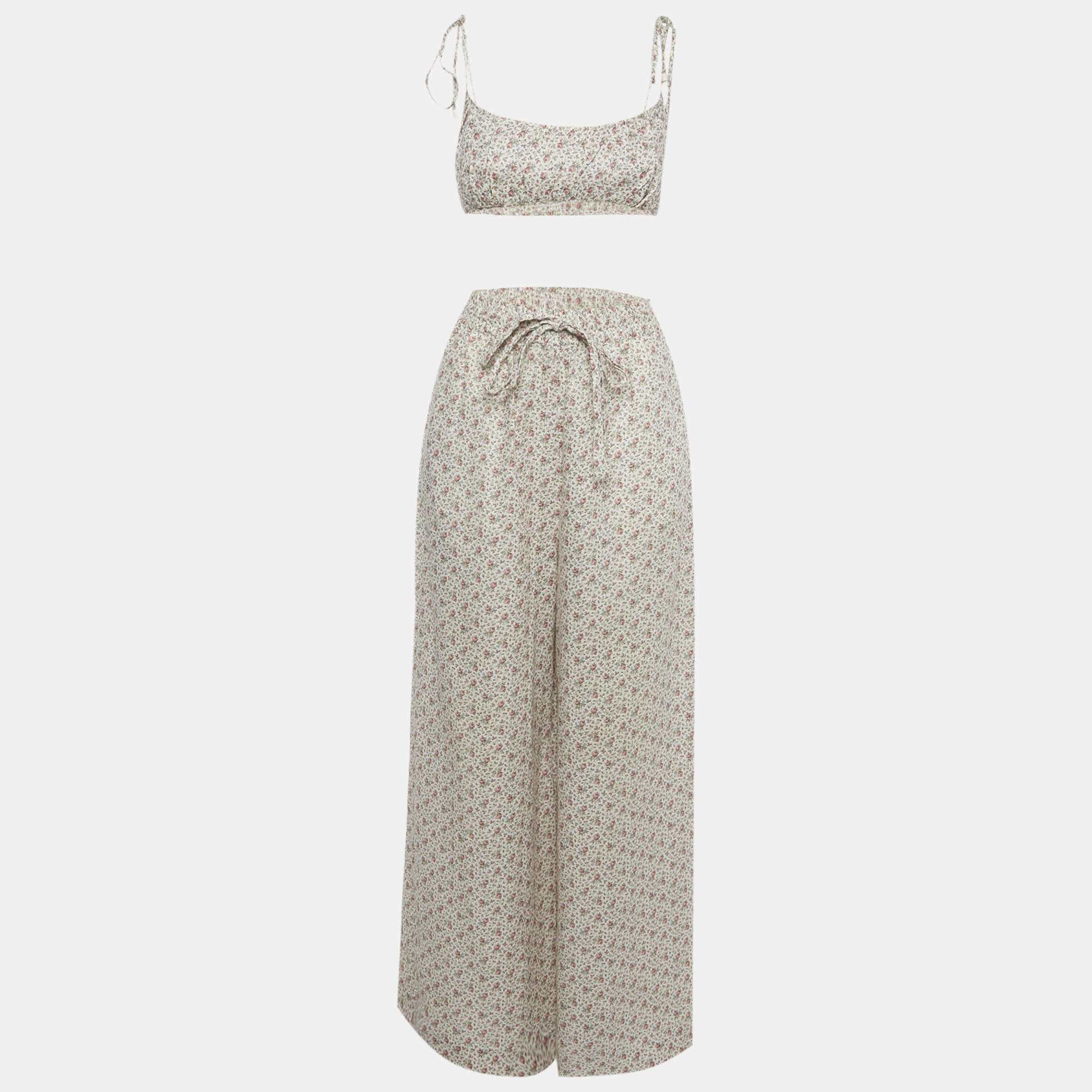 Pre Owned Zimmermann Off White Floral Print Linen Crop Top & Pants Set M 